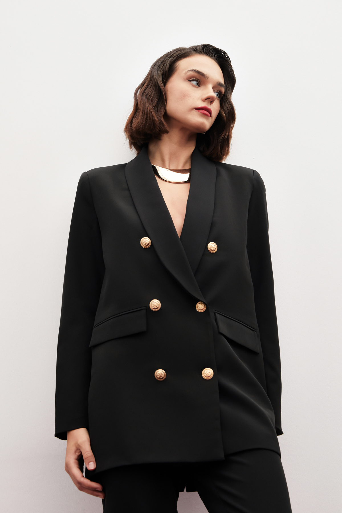 Düğme Detaylı Kruvaze Ceket - SİYAH