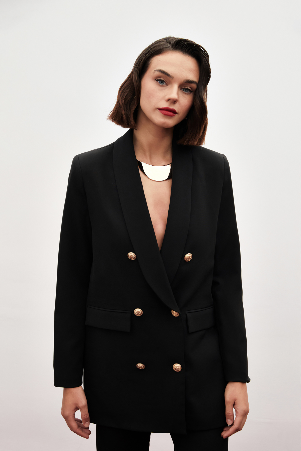 Düğme Detaylı Kruvaze Ceket - SİYAH