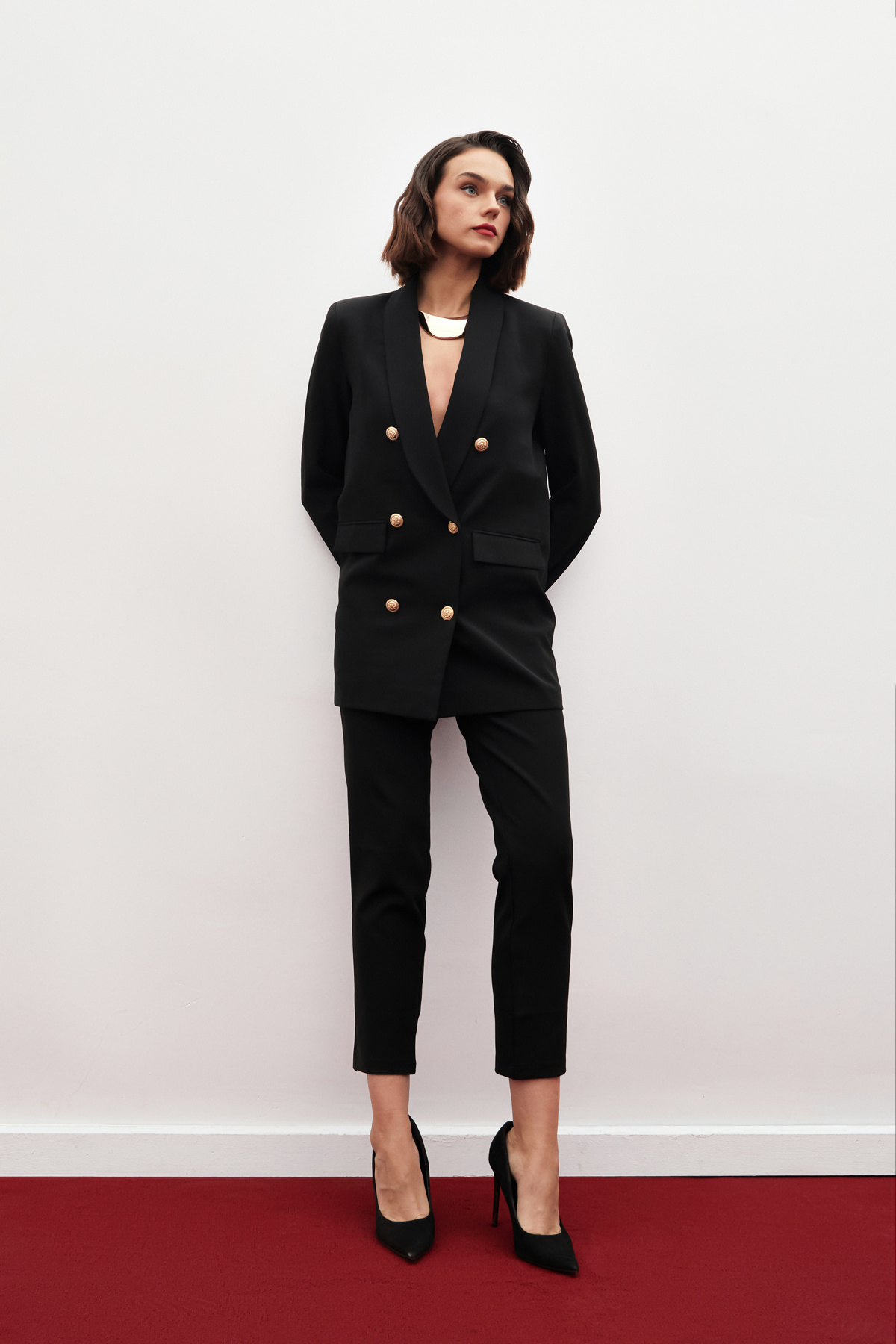 Düğme Detaylı Kruvaze Ceket - SİYAH