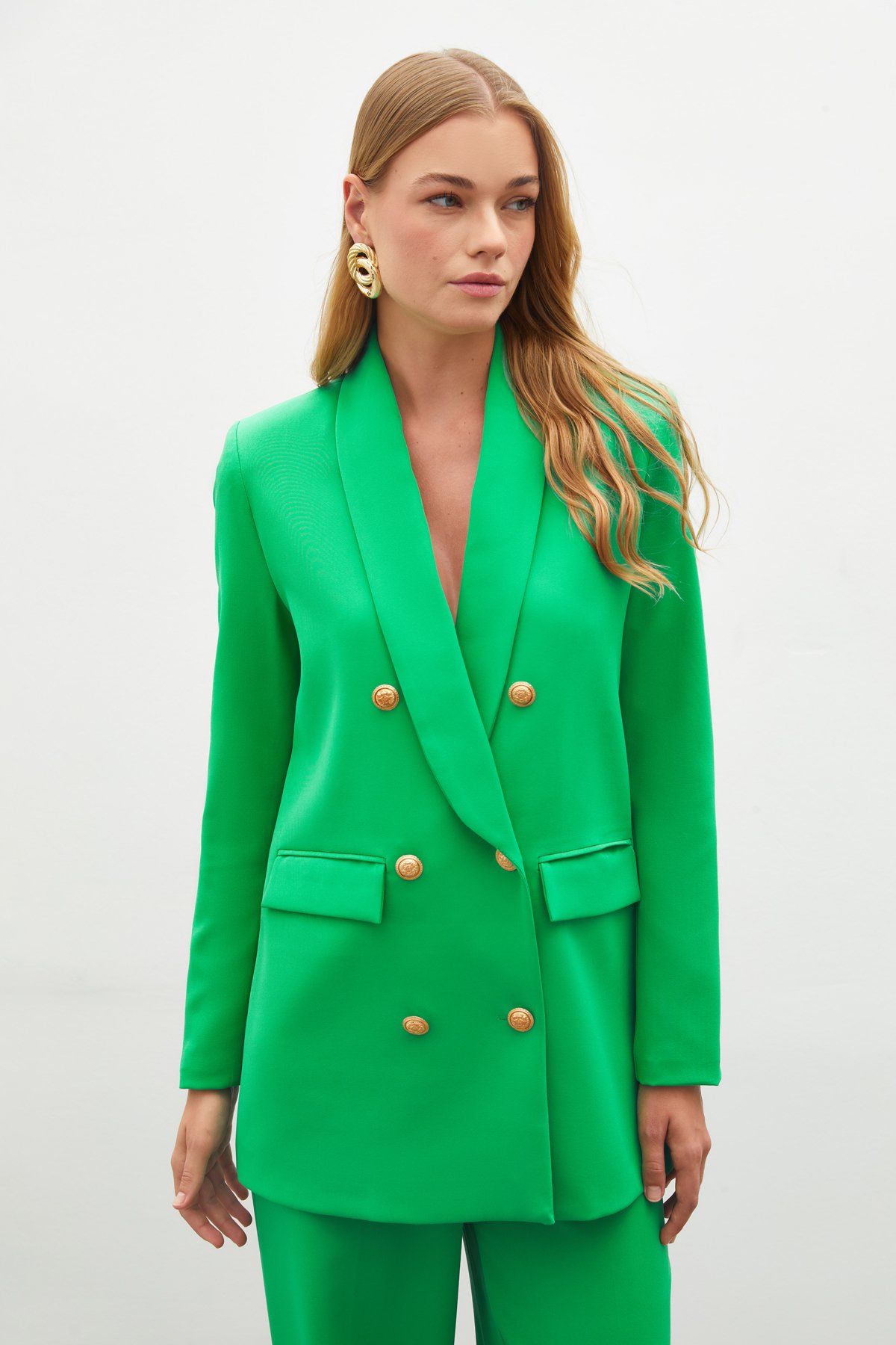 Button Detailed Double Breasted Jacket - GREEN