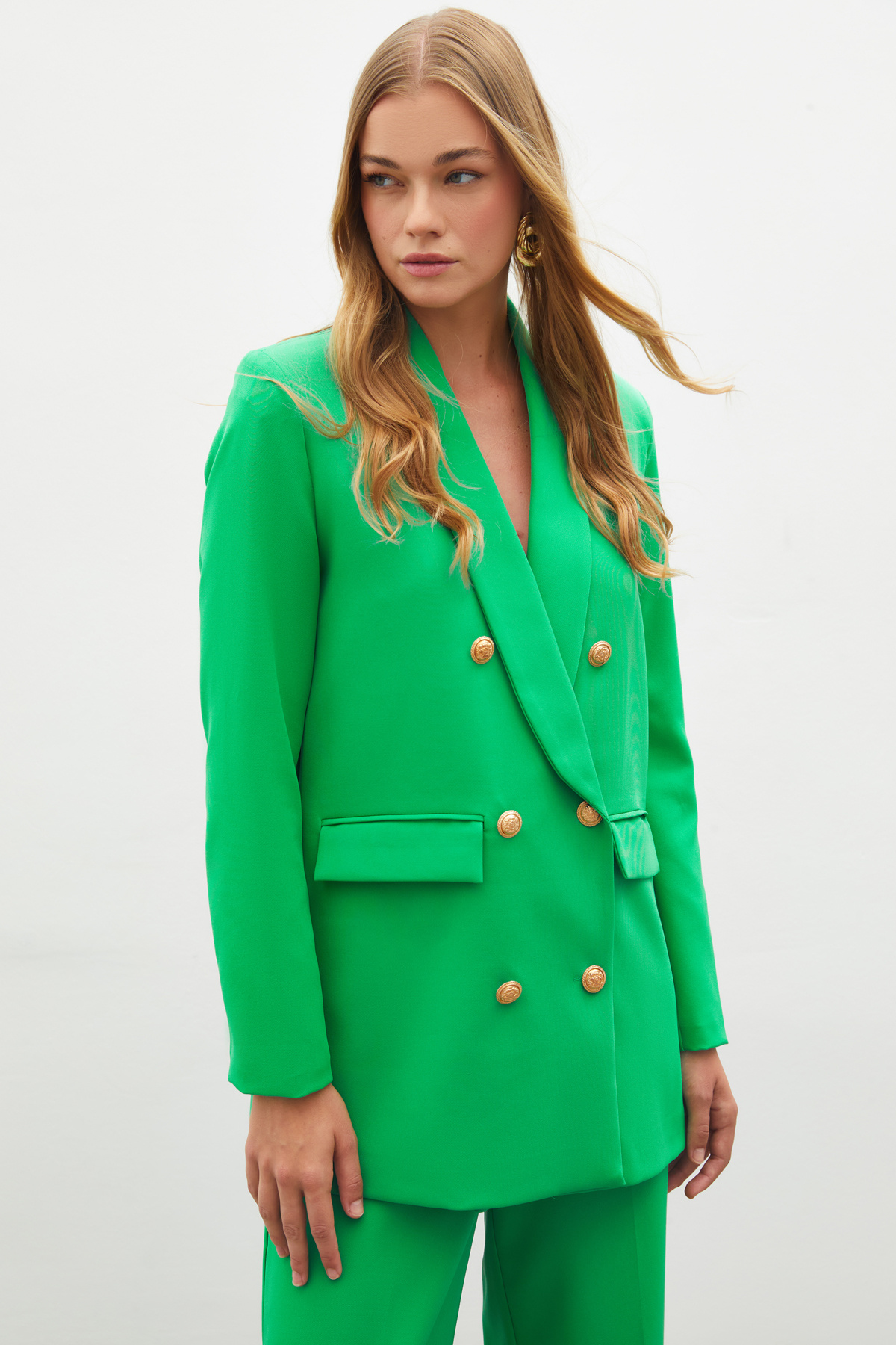 Button Detailed Double Breasted Jacket - GREEN
