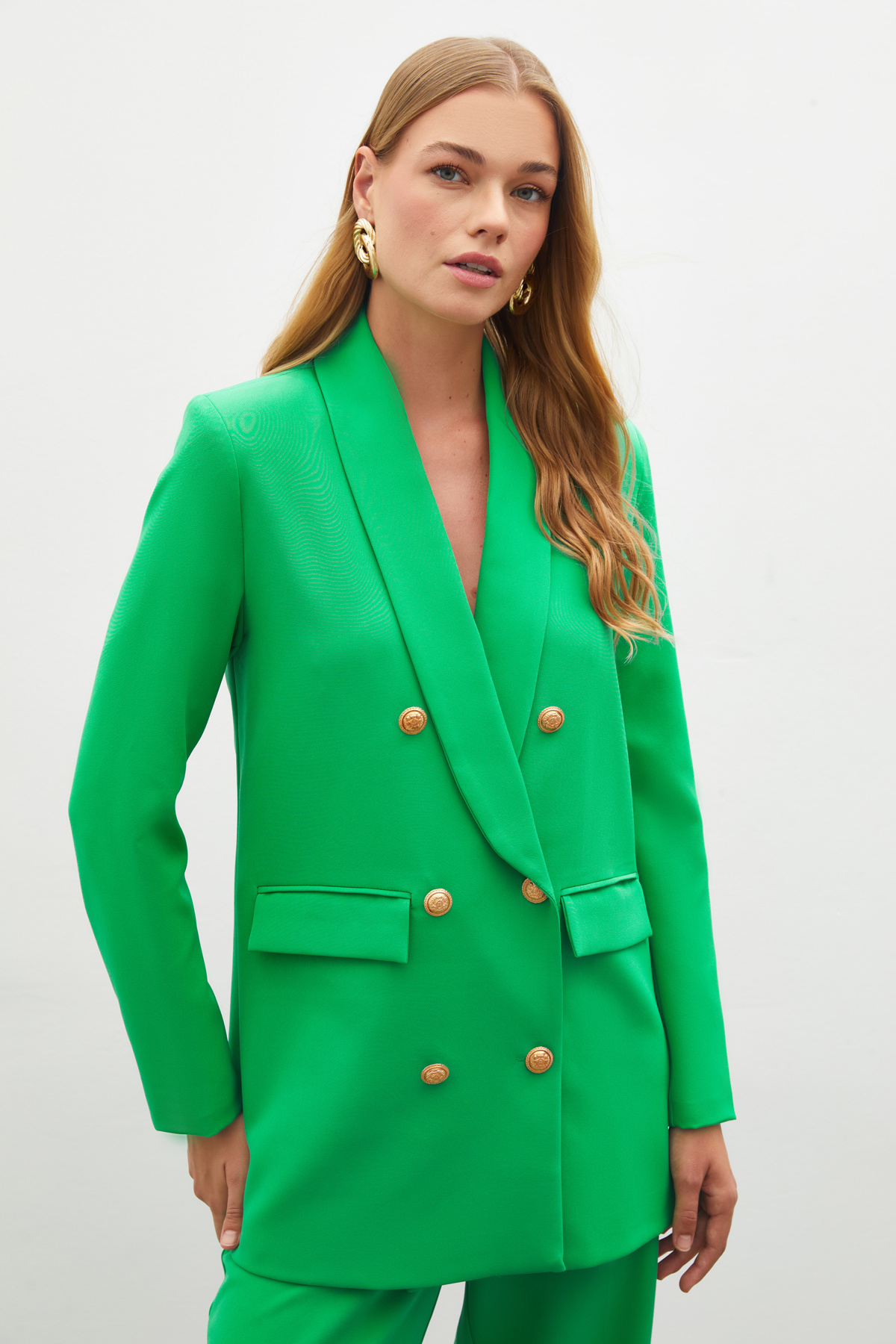 Button Detailed Double Breasted Jacket - GREEN