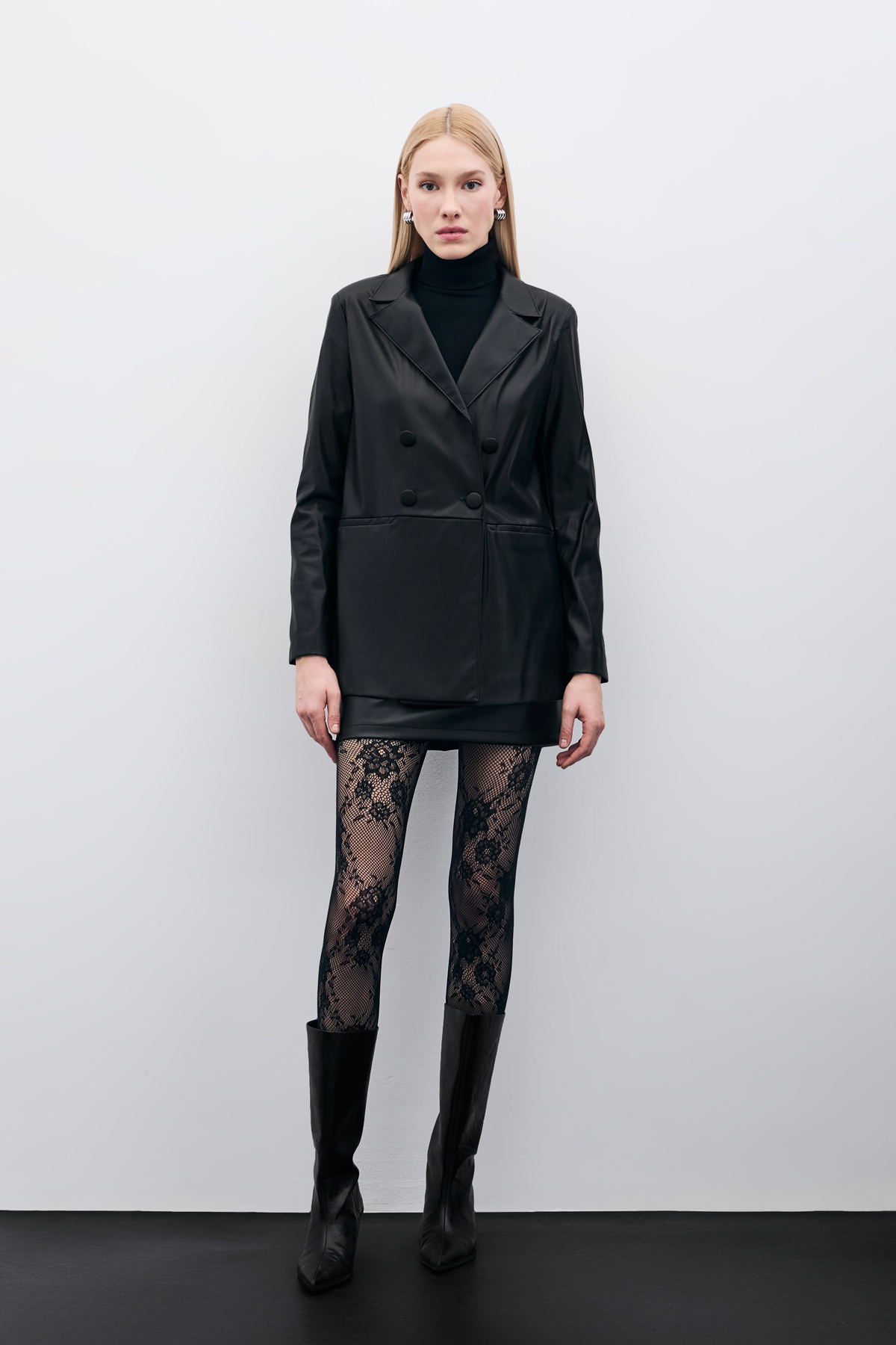 Düğme Detaylı Kruvaze Deri Ceket - Siyah