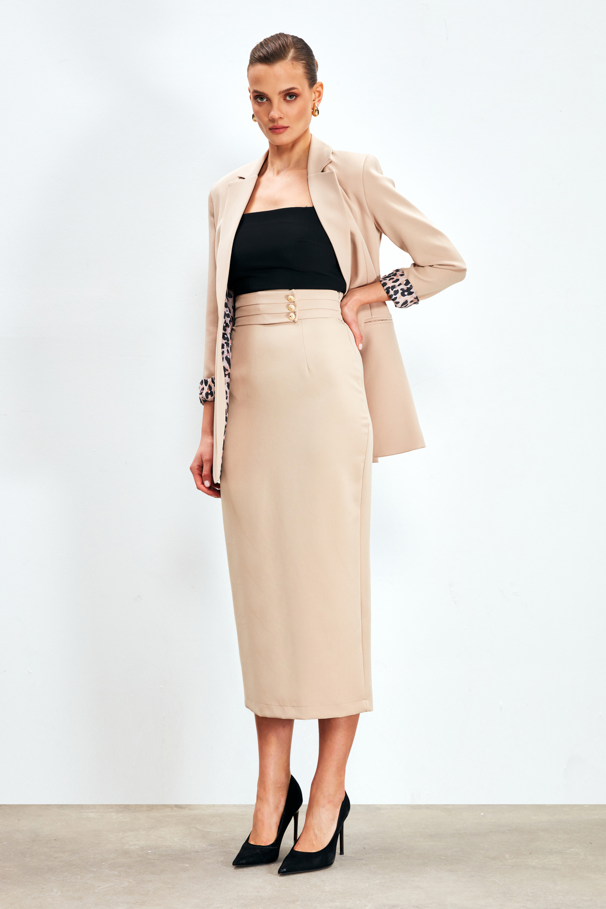 Düğme Detaylı Midi Etek - BEJ