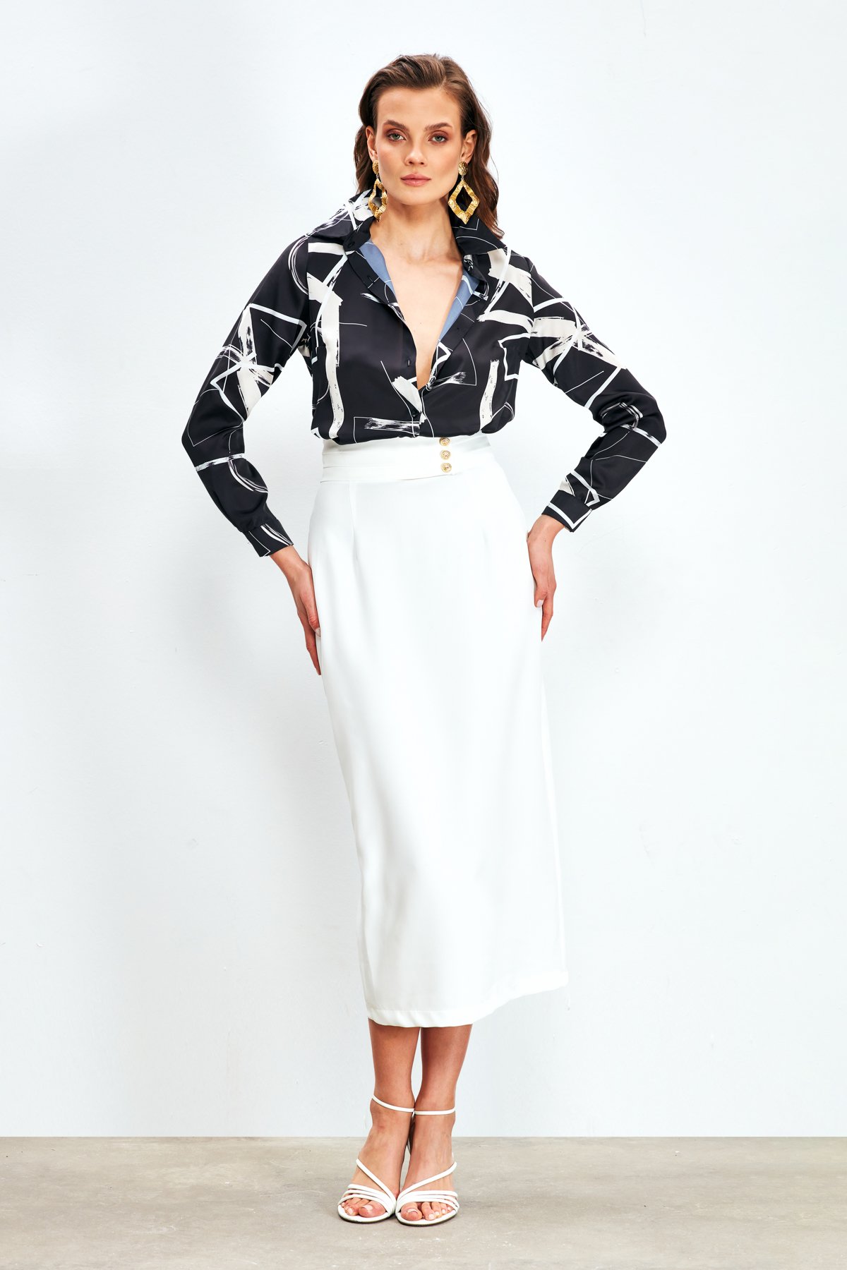 Düğme Detaylı Midi Etek - EKRU