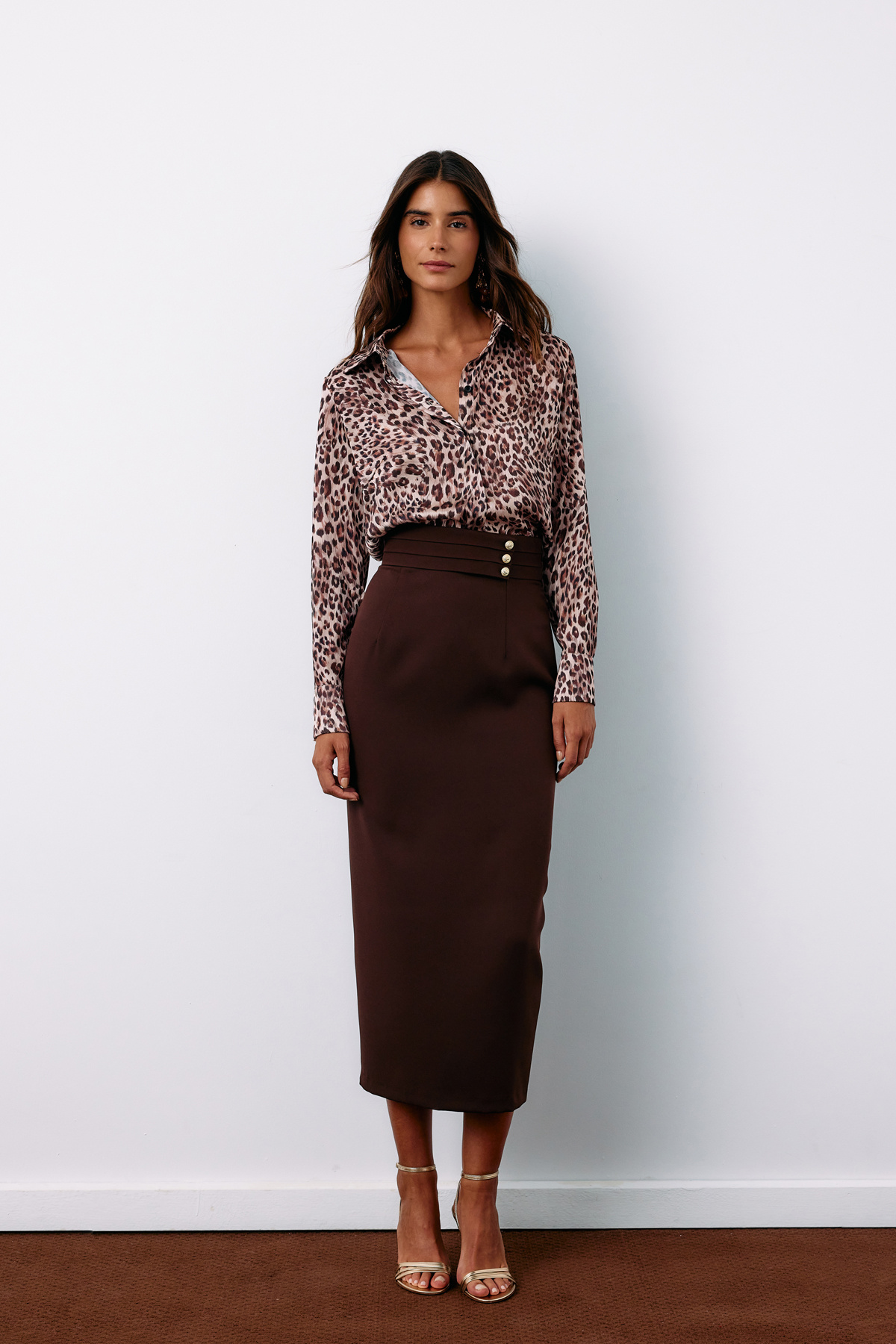 Button Detailed Midi Skirt - BROWN