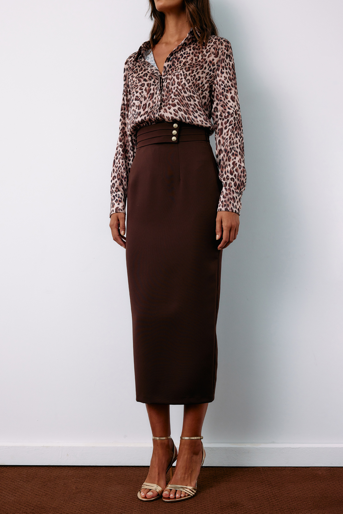 Button Detailed Midi Skirt - BROWN