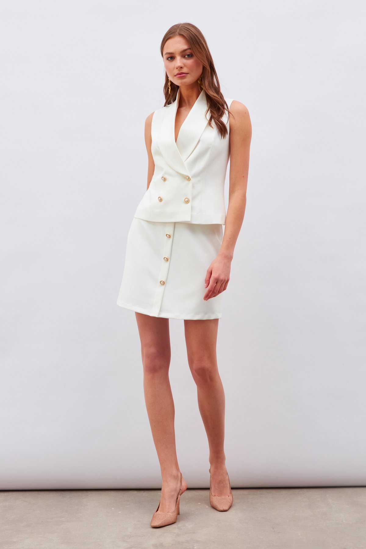 Düğme Detaylı Mini Etek - EKRU