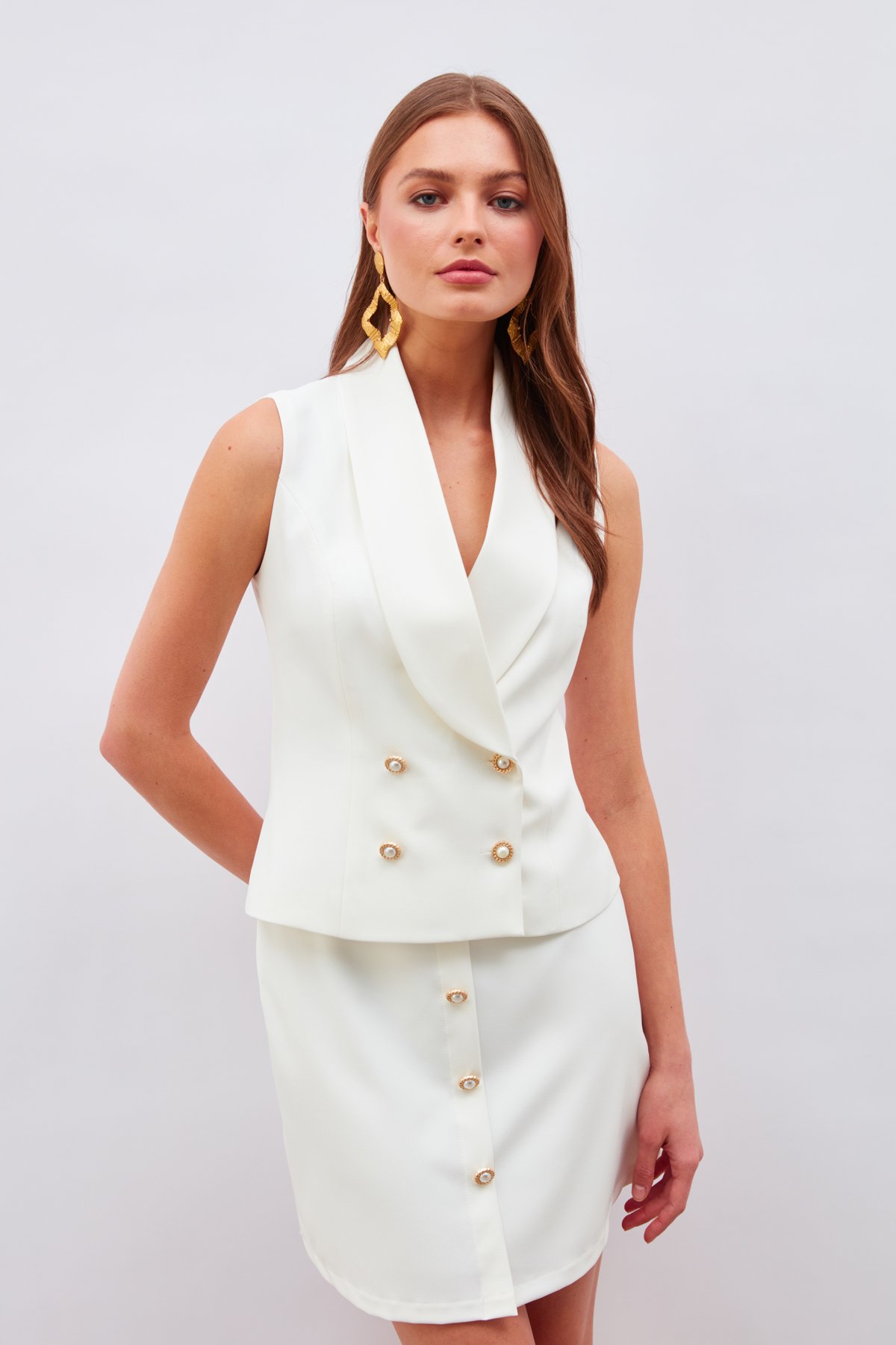 Düğme Detaylı Mini Etek - EKRU