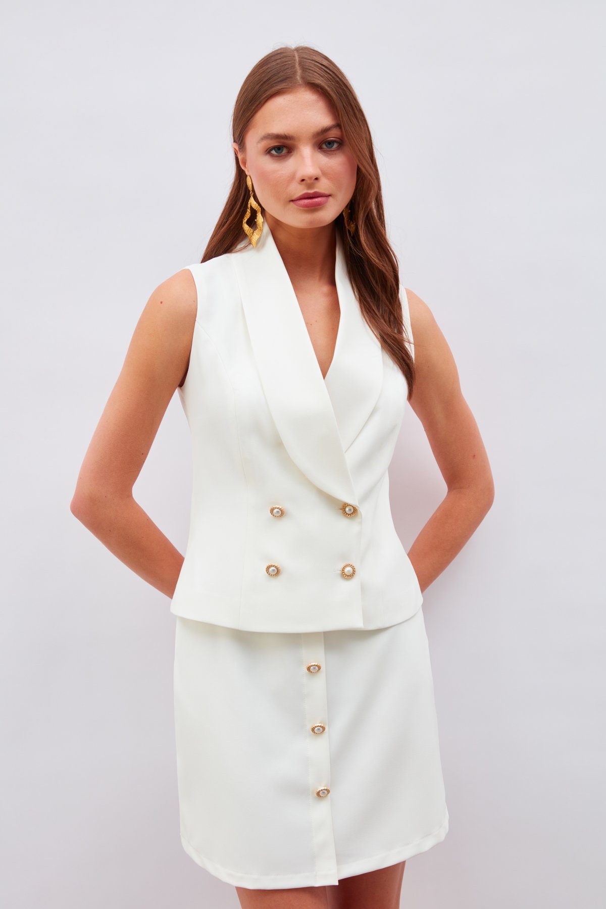 Düğme Detaylı Mini Etek - EKRU