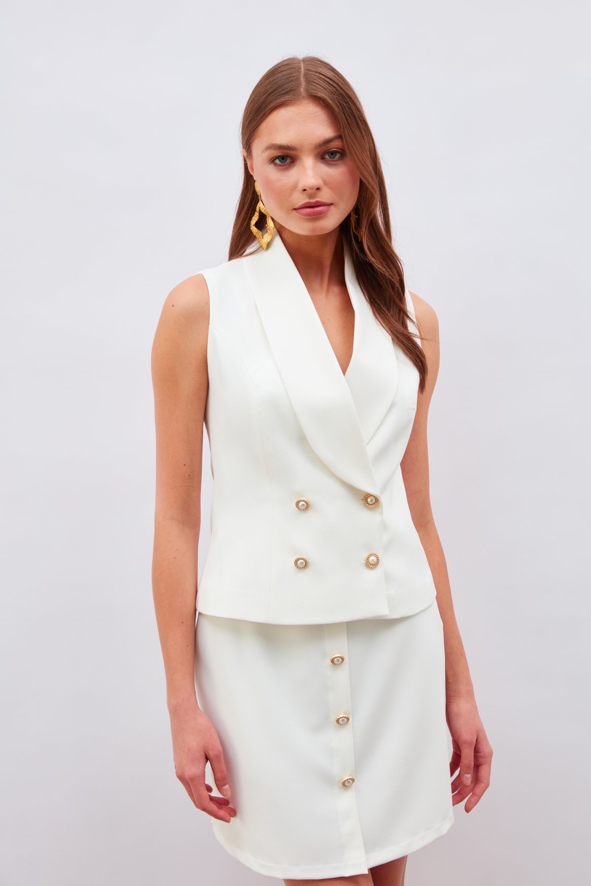 Düğme Detaylı Mini Etek - EKRU