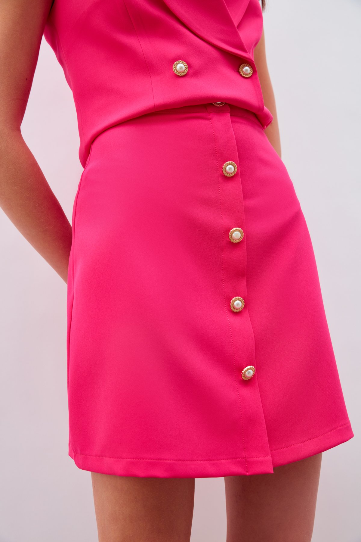 Düğme Detaylı Mini Etek - FUŞYA