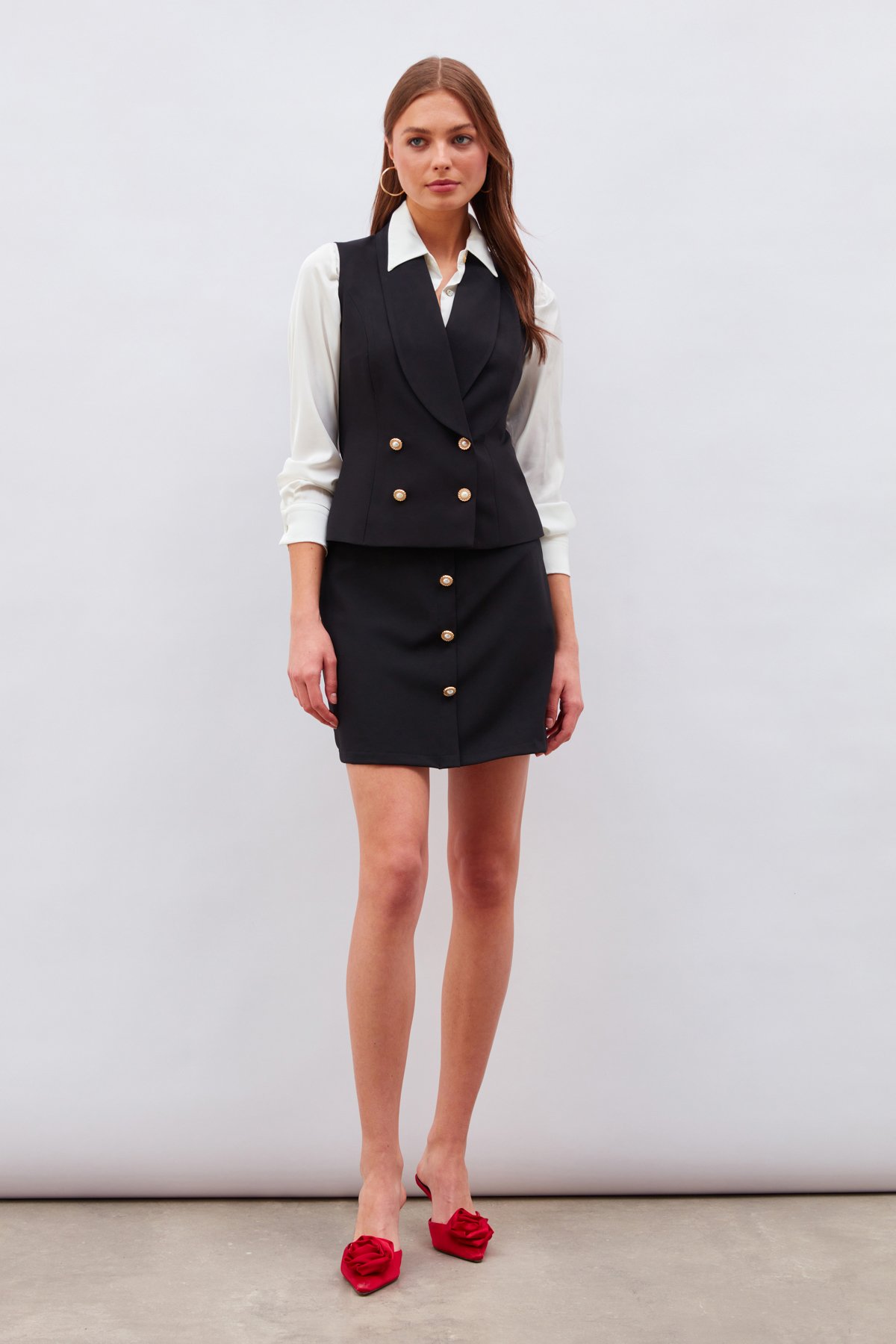 Düğme Detaylı Mini Etek - SİYAH