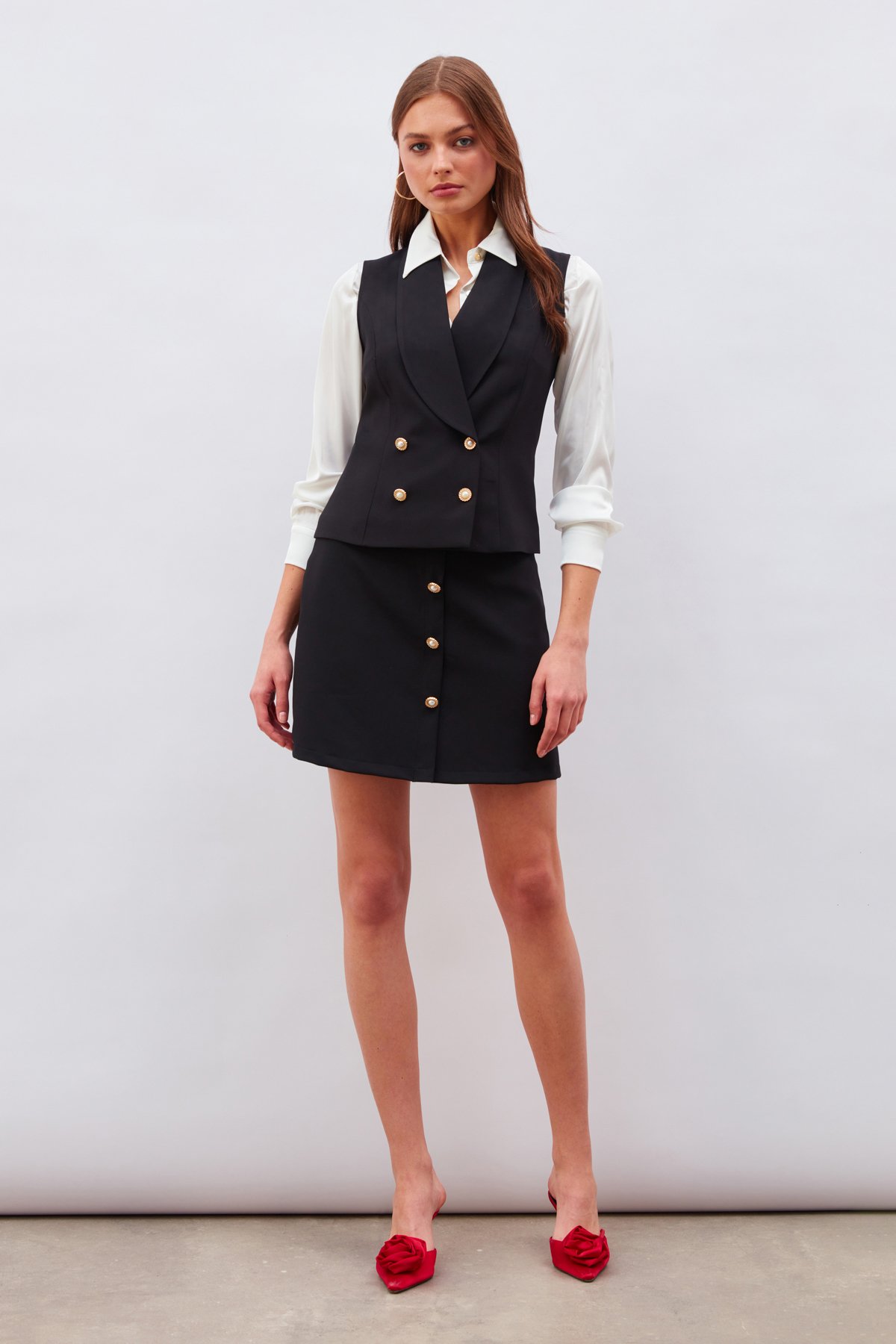 Düğme Detaylı Mini Etek - SİYAH