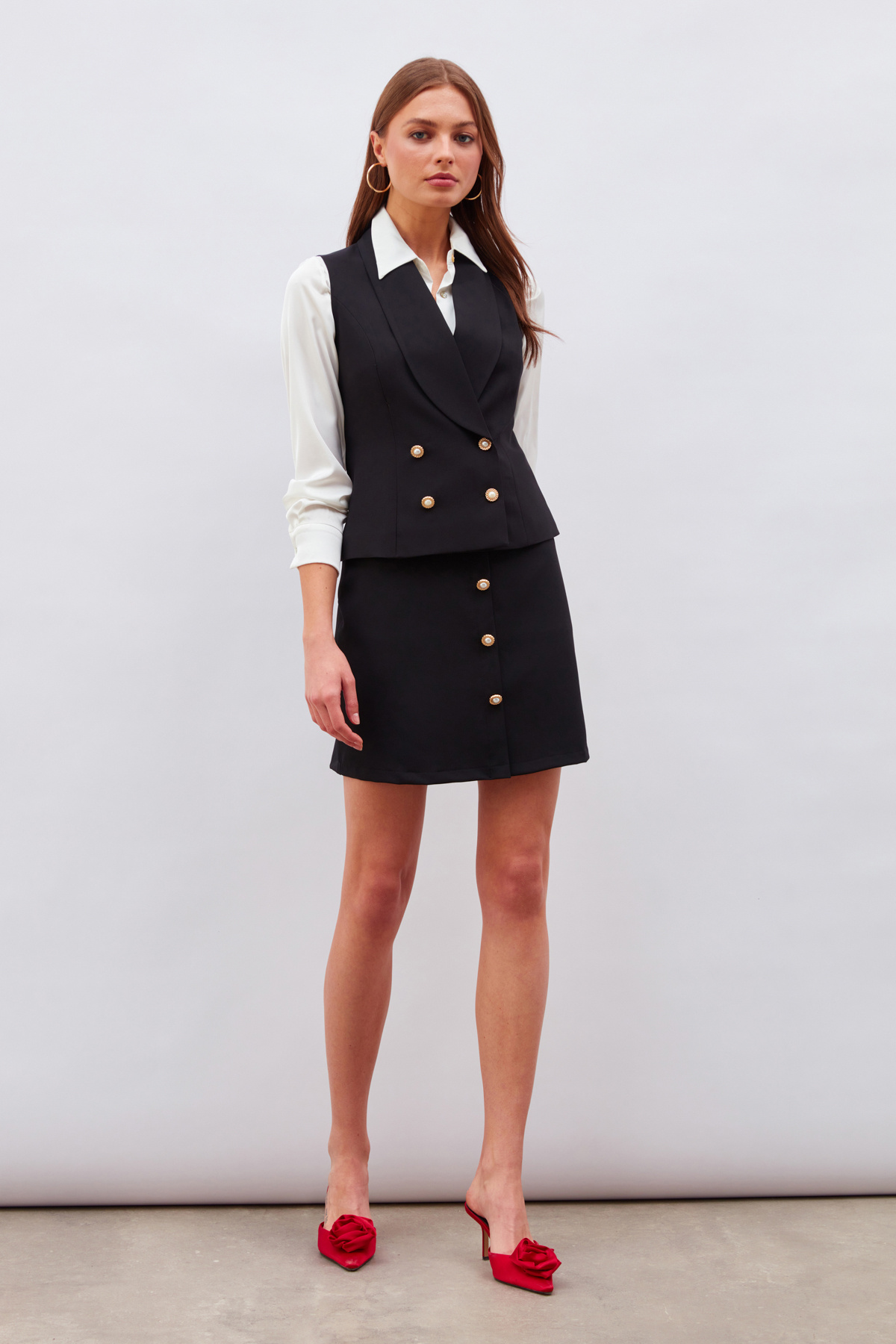 Düğme Detaylı Mini Etek - SİYAH