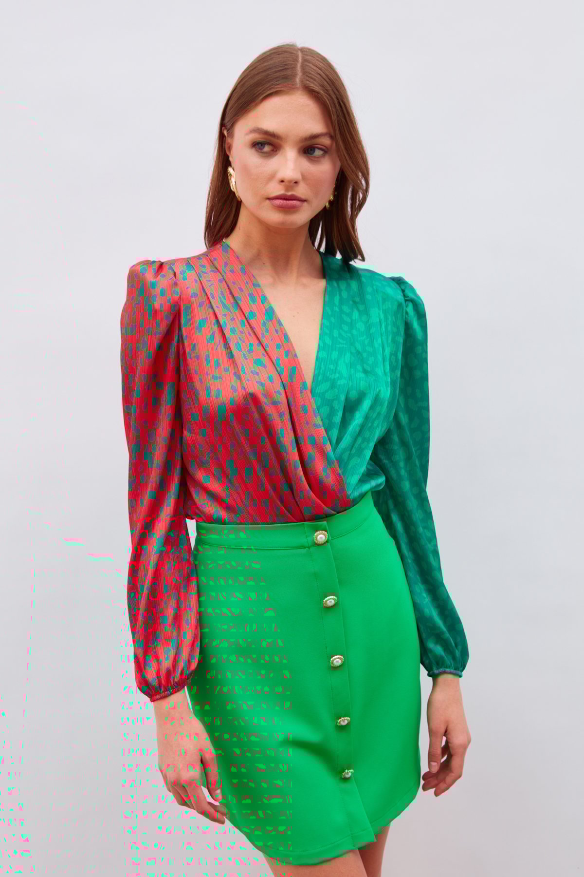 Düğme Detaylı Mini Etek - YEŞİL