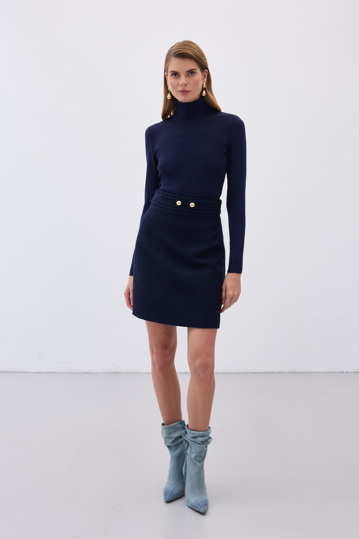 Düğme Detaylı Mini Tüvit Etek - Lacivert