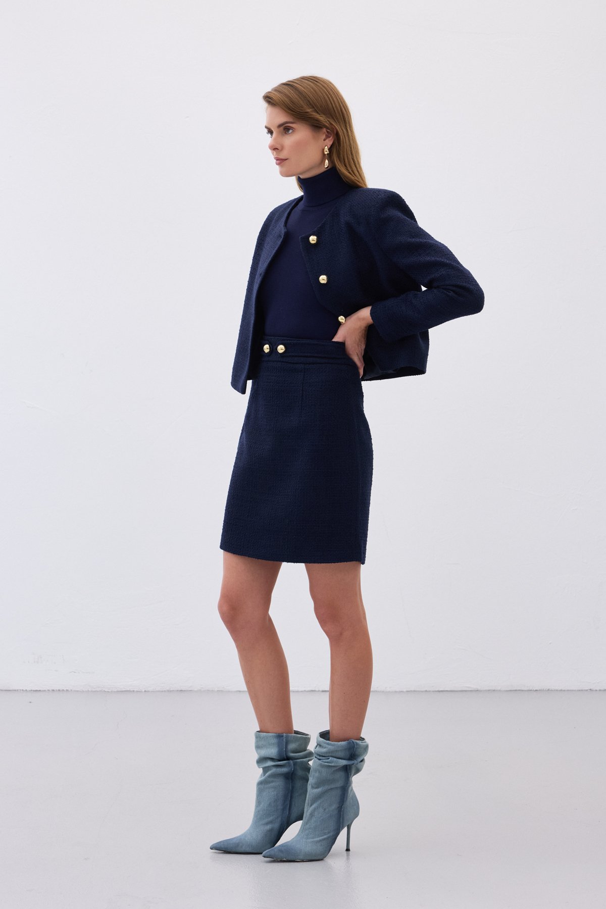 Düğme Detaylı Mini Tüvit Etek - Lacivert
