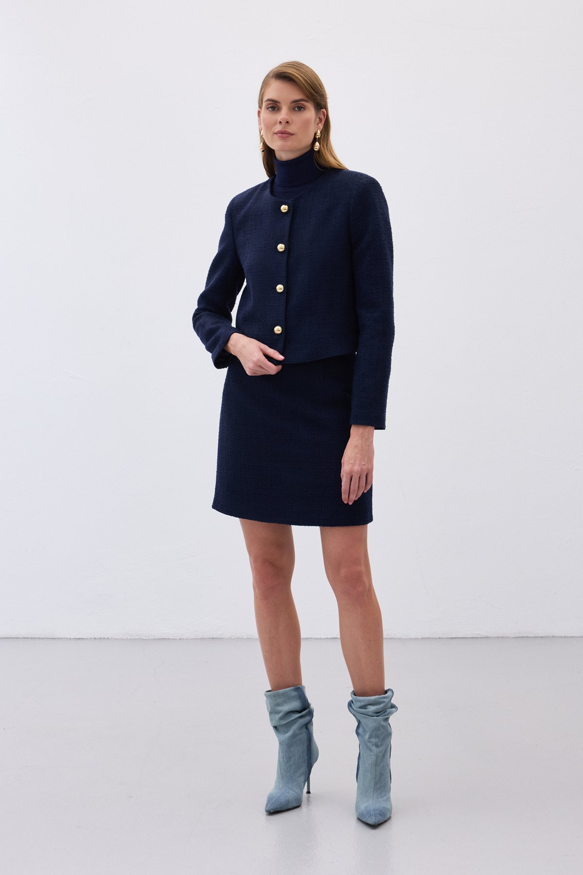 Düğme Detaylı Mini Tüvit Etek - Lacivert
