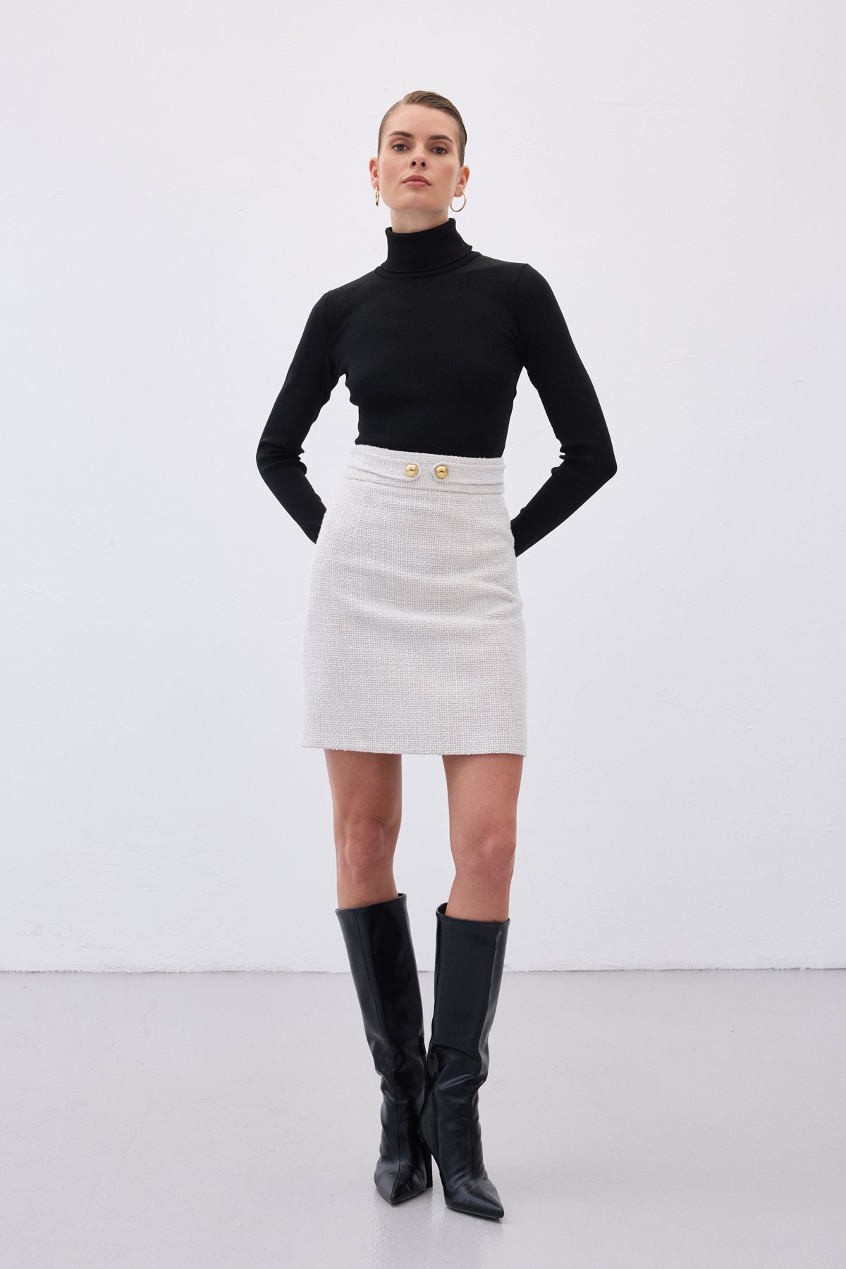 Düğme Detaylı Mini Tüvit Etek - Taş