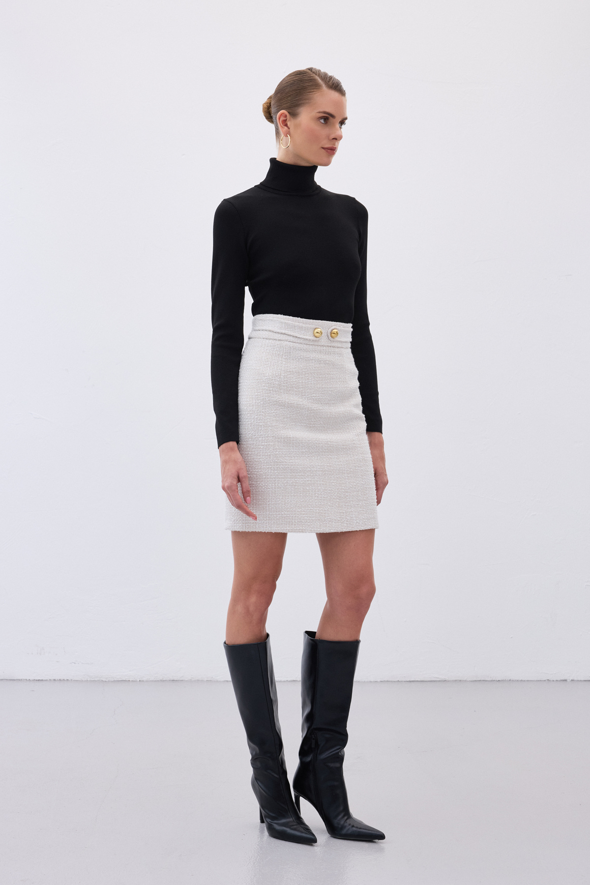 Düğme Detaylı Mini Tüvit Etek - Taş