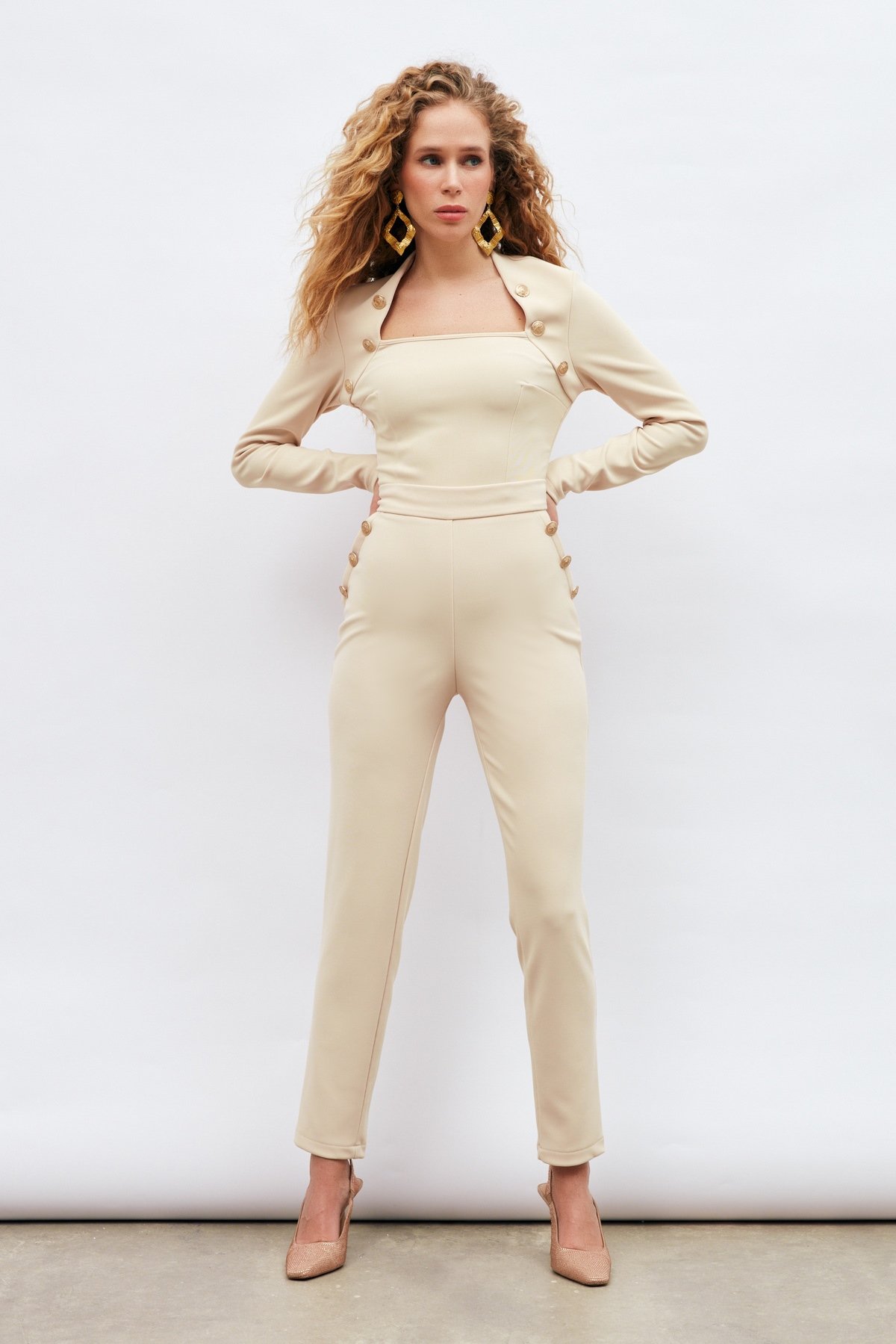 Düğme Detaylı Pantolon - BEJ