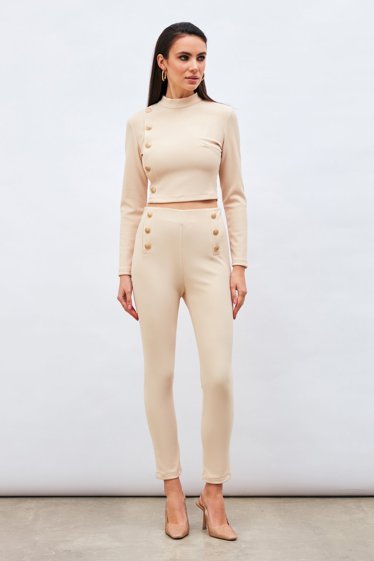 Düğme Detaylı Pantolon - BEJ