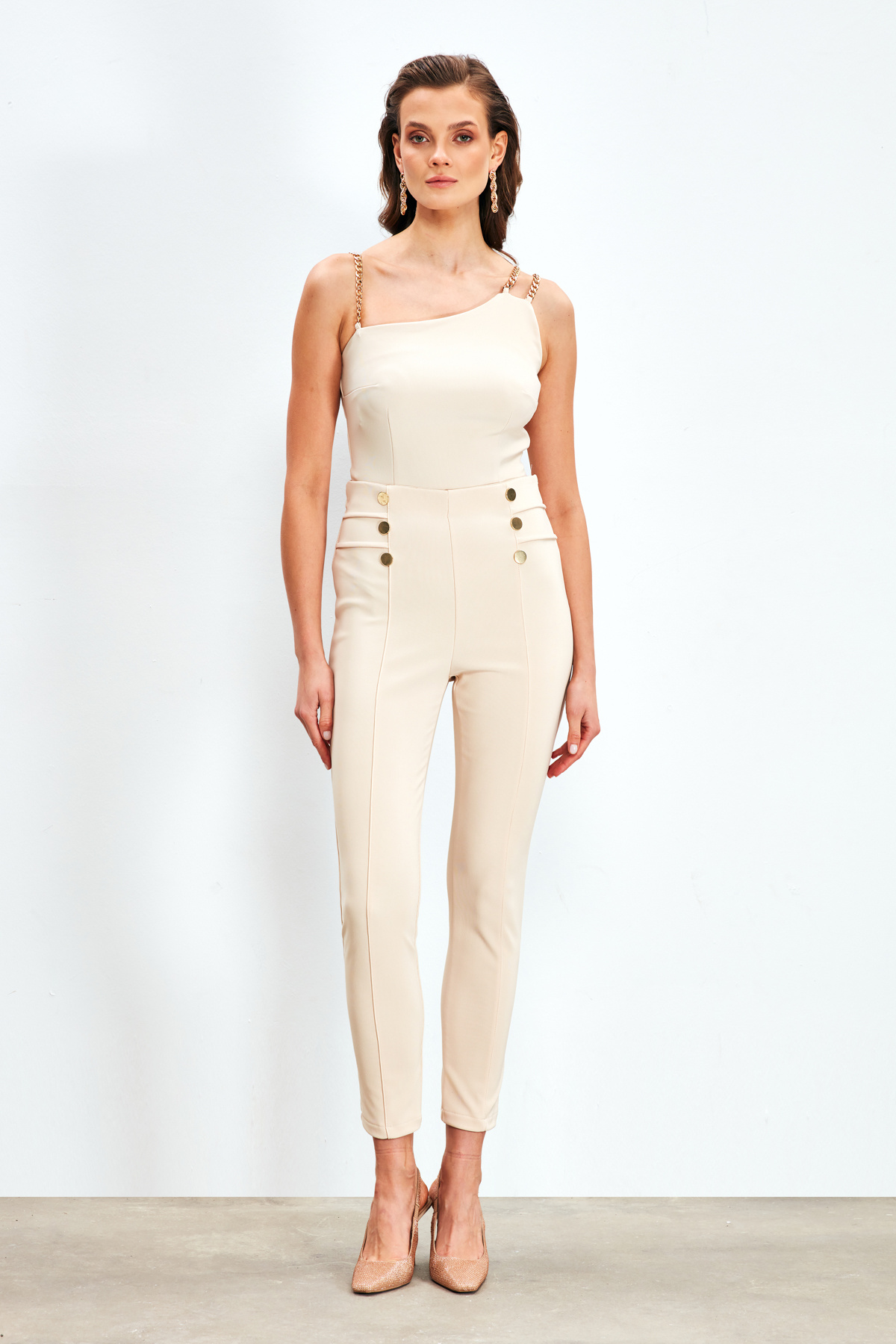 Button Detailed Trousers - BEIGE