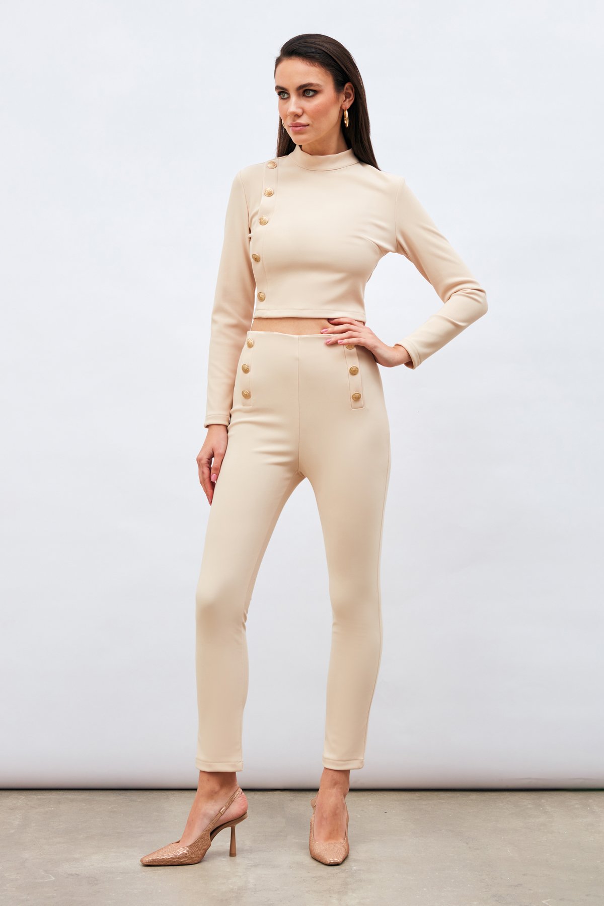 Düğme Detaylı Pantolon - BEJ
