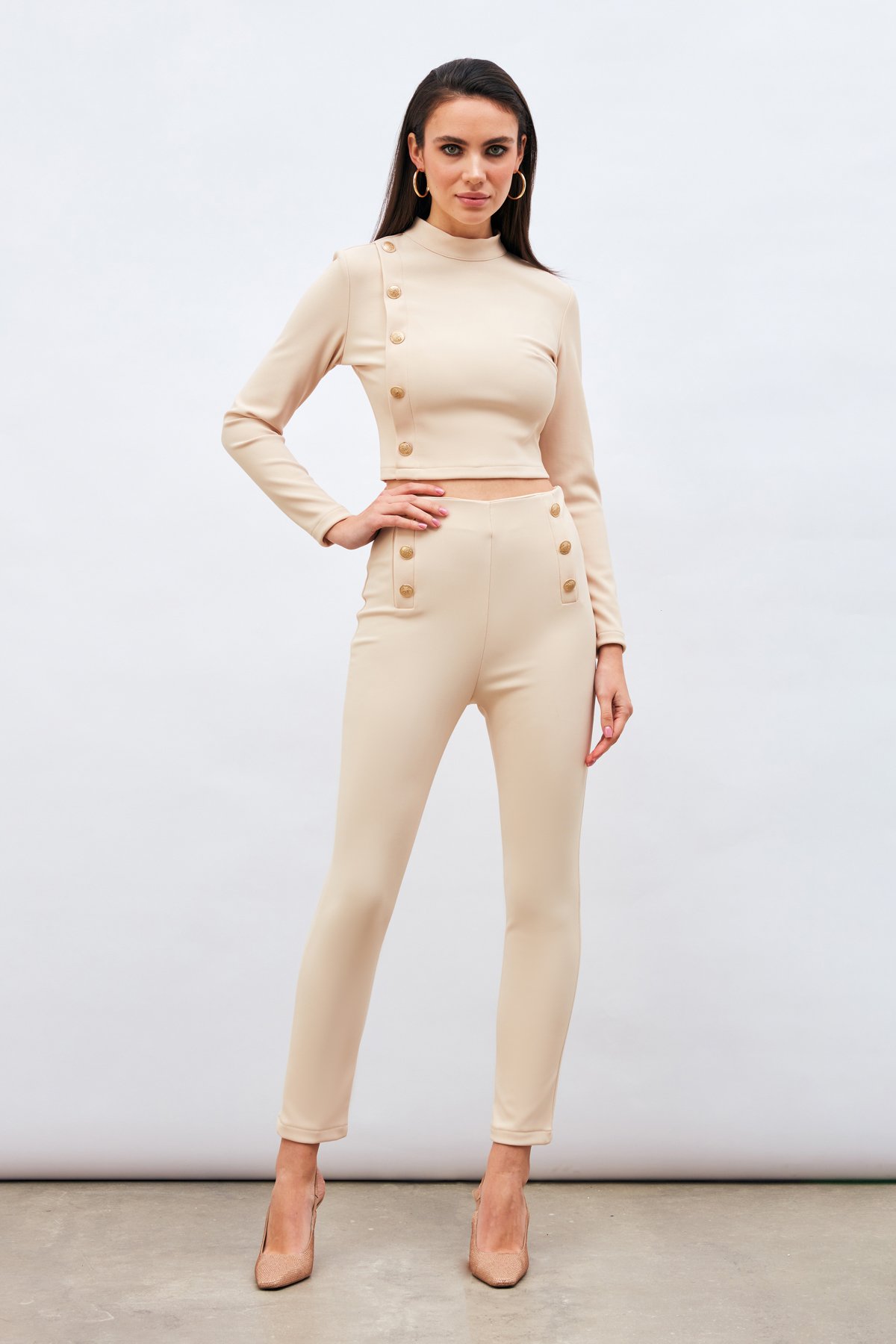 Düğme Detaylı Pantolon - BEJ