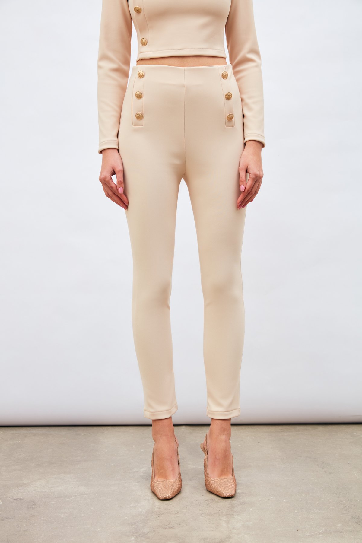 Düğme Detaylı Pantolon - BEJ