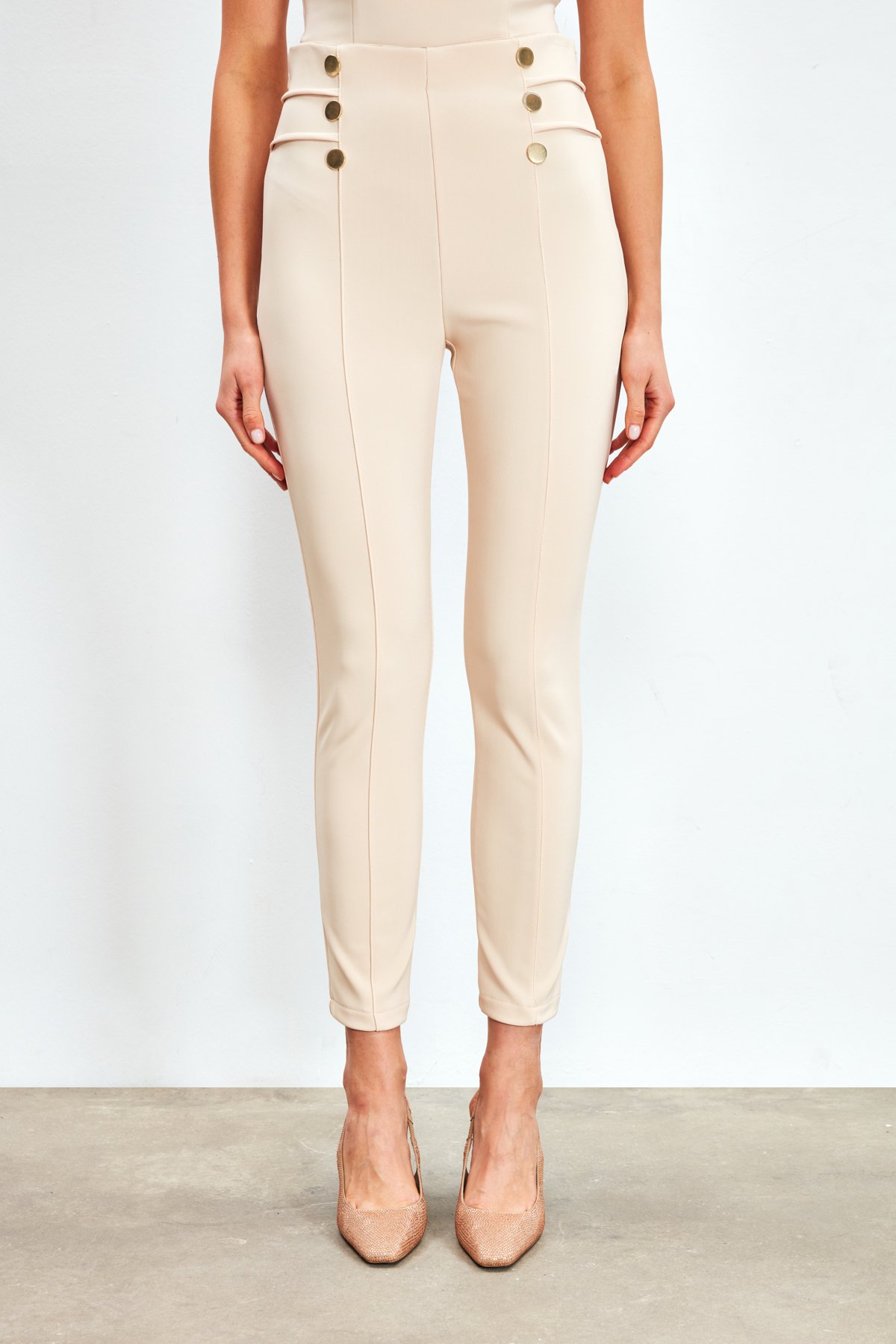 Button Detailed Trousers - BEIGE