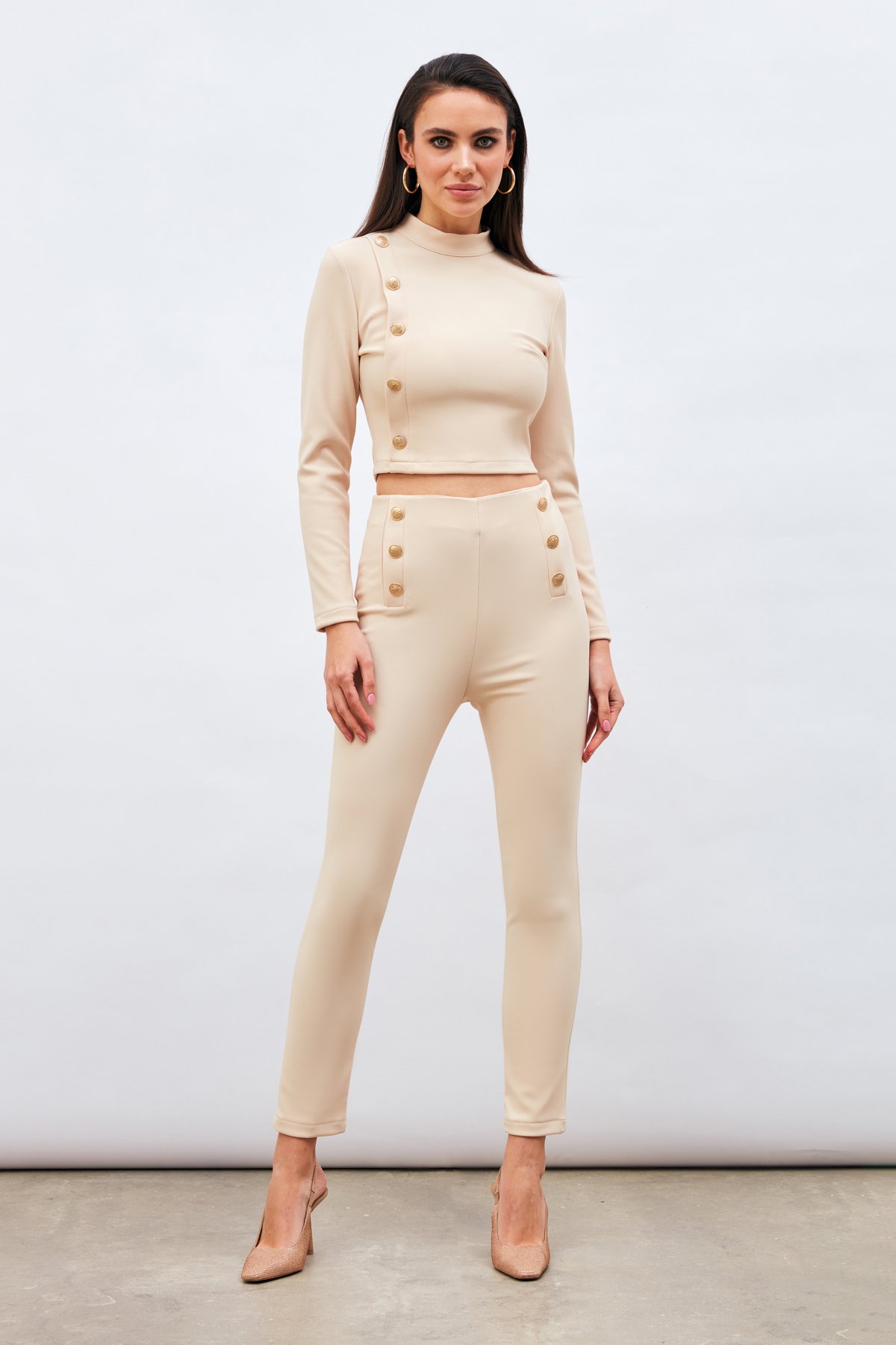 Düğme Detaylı Pantolon - BEJ