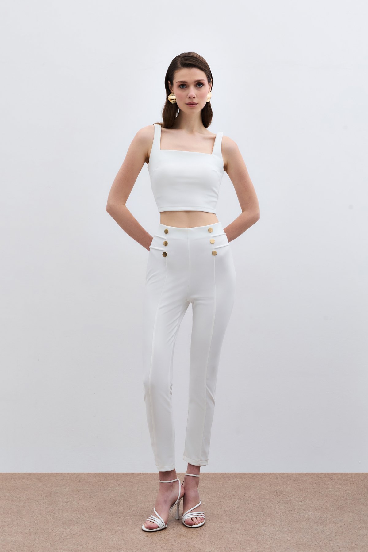 Düğme Detaylı Pantolon - Ekru