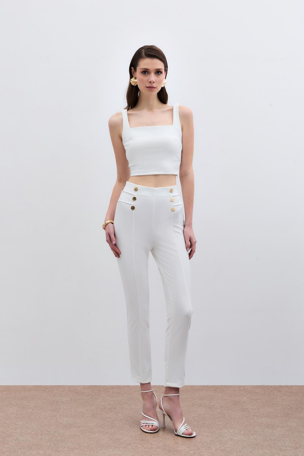 Düğme Detaylı Pantolon - Ekru