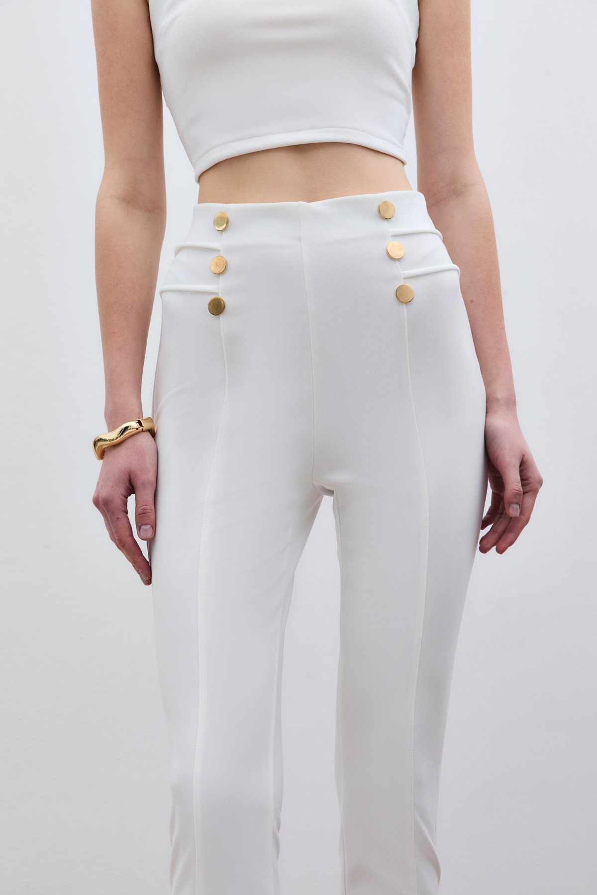 Düğme Detaylı Pantolon - Ekru