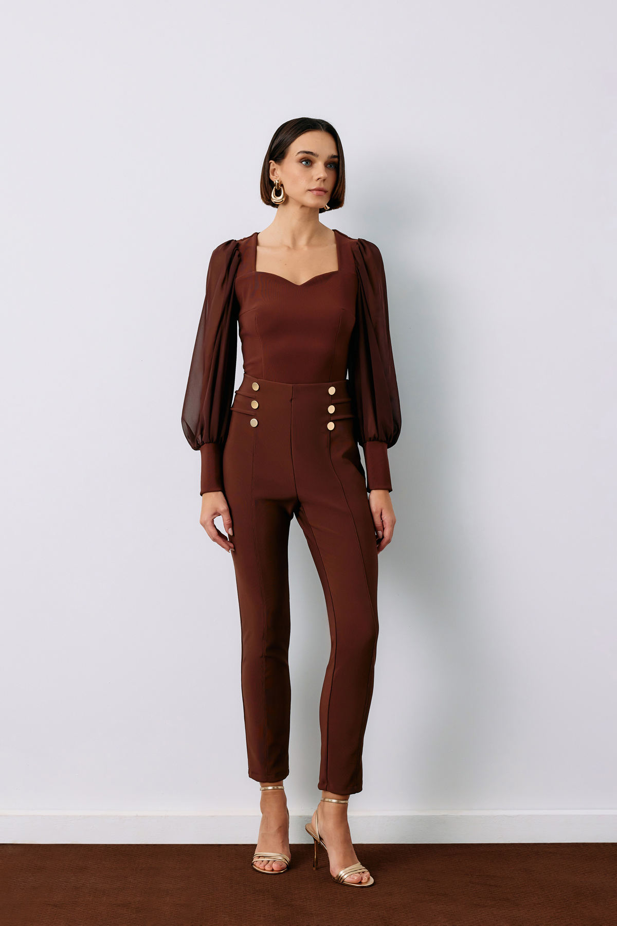 Düğme Detaylı Pantolon - KAHVE