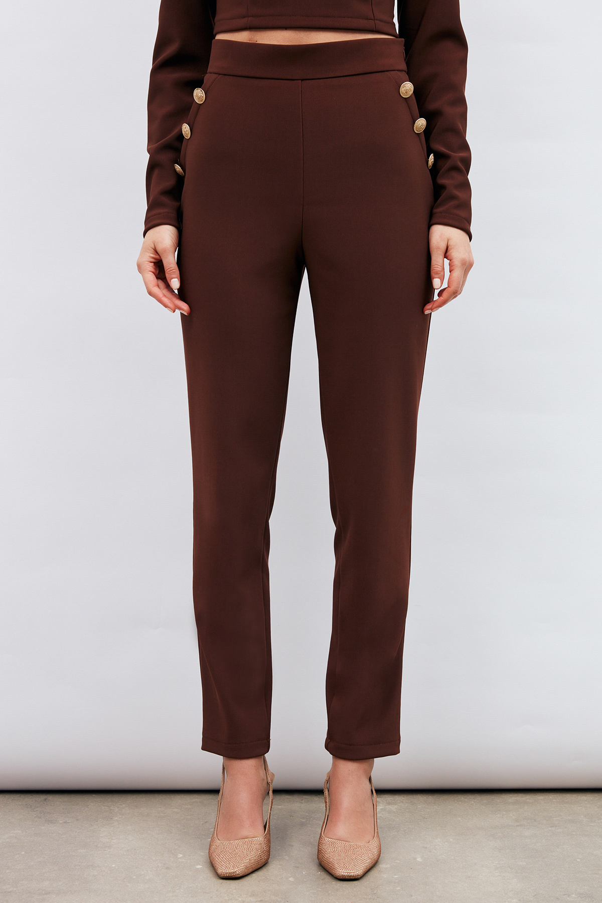 Düğme Detaylı Pantolon - KAHVE