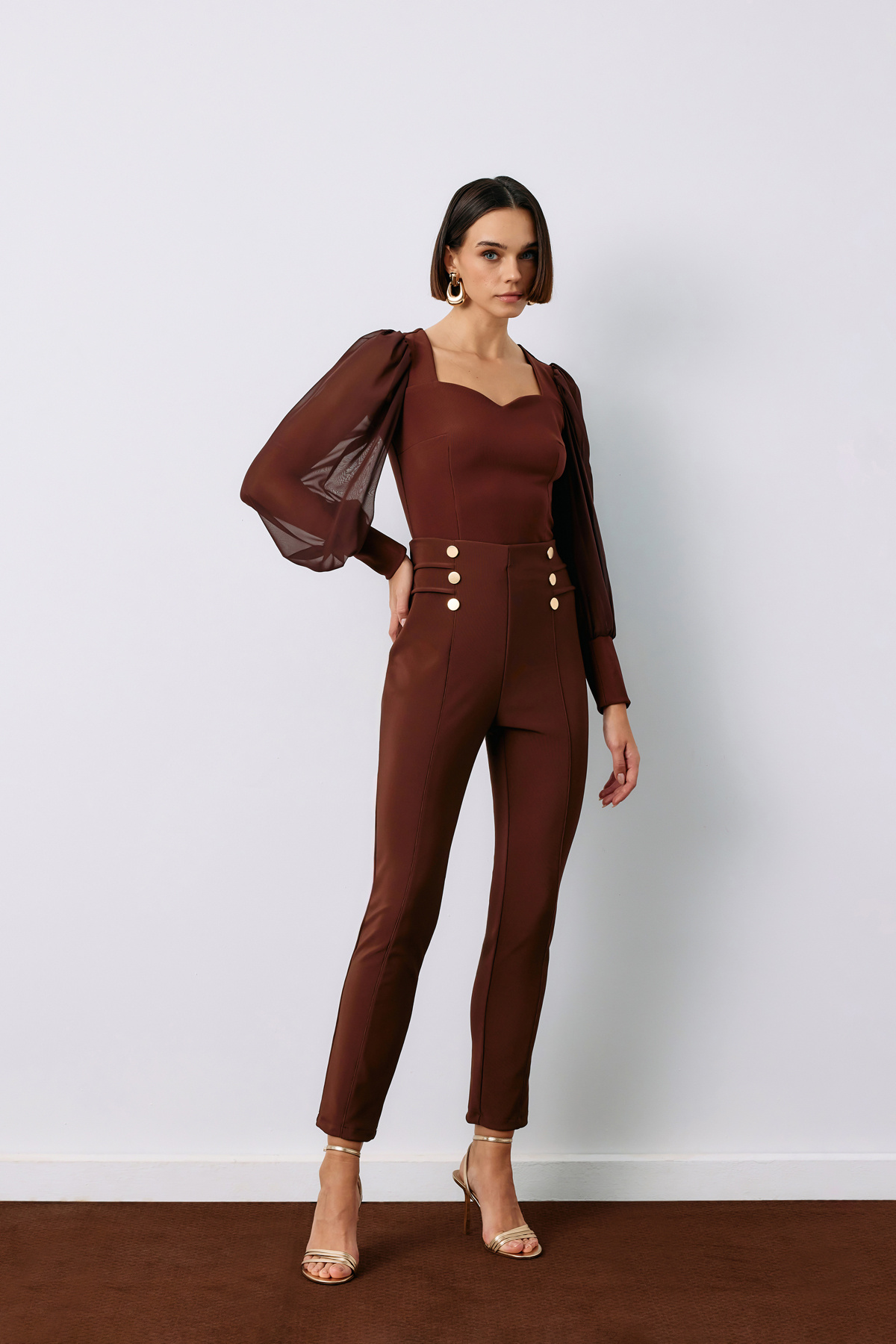 Düğme Detaylı Pantolon - KAHVE