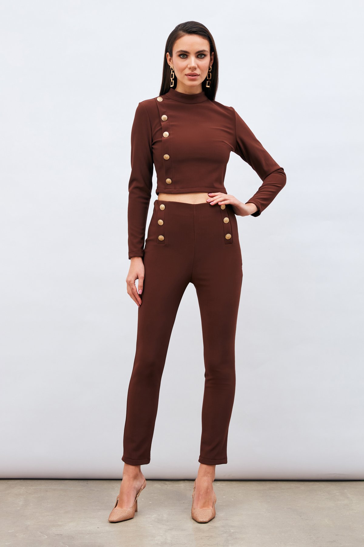 Düğme Detaylı Pantolon - KAHVE