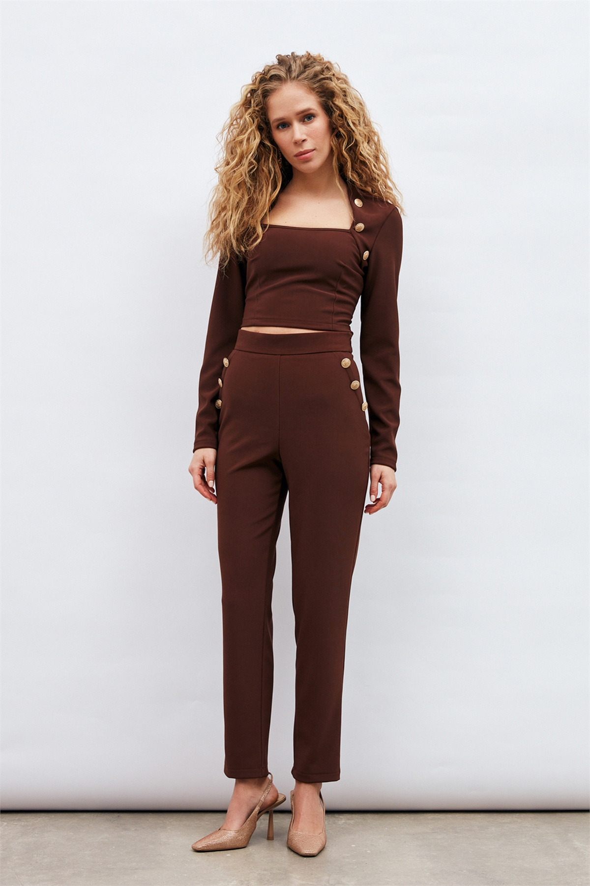 Düğme Detaylı Pantolon - KAHVE