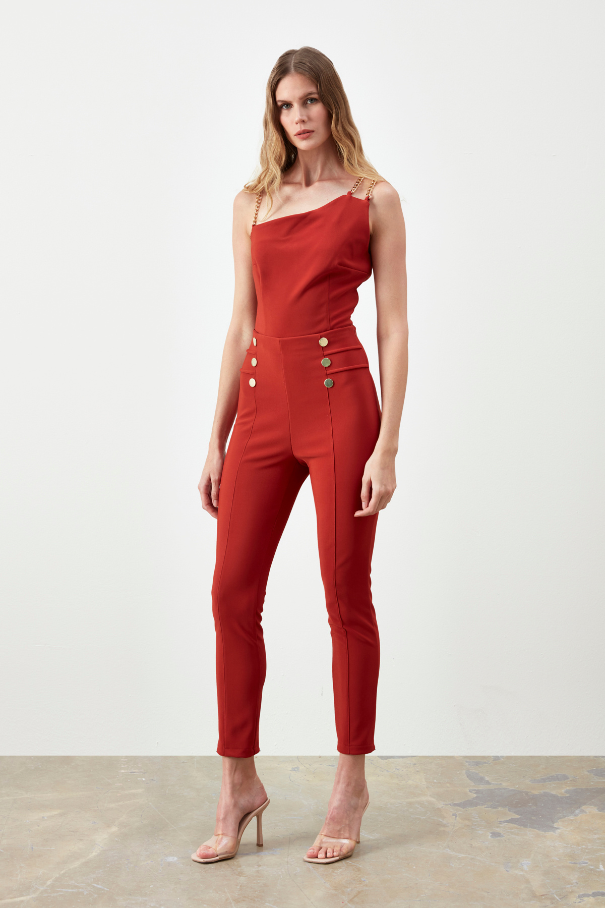 Düğme Detaylı Pantolon - KİREMİT