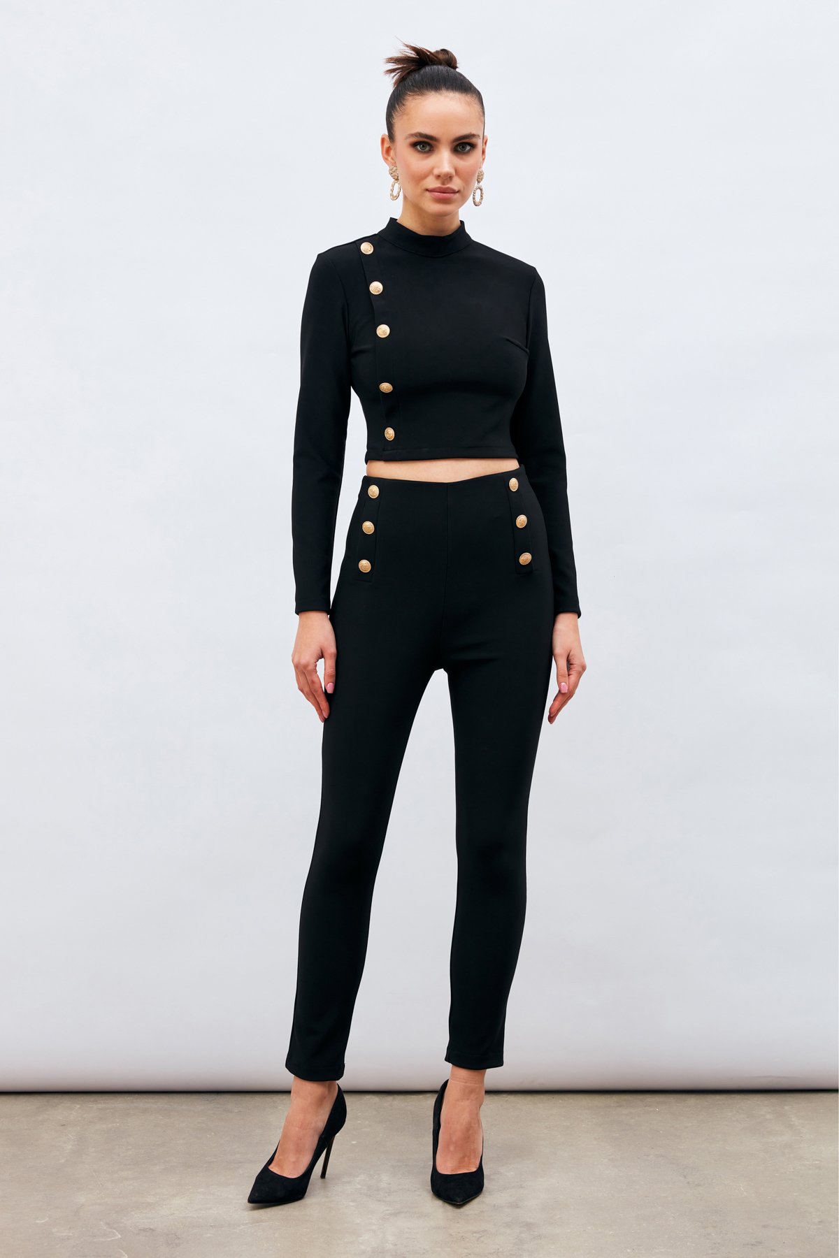 Düğme Detaylı Pantolon - SİYAH