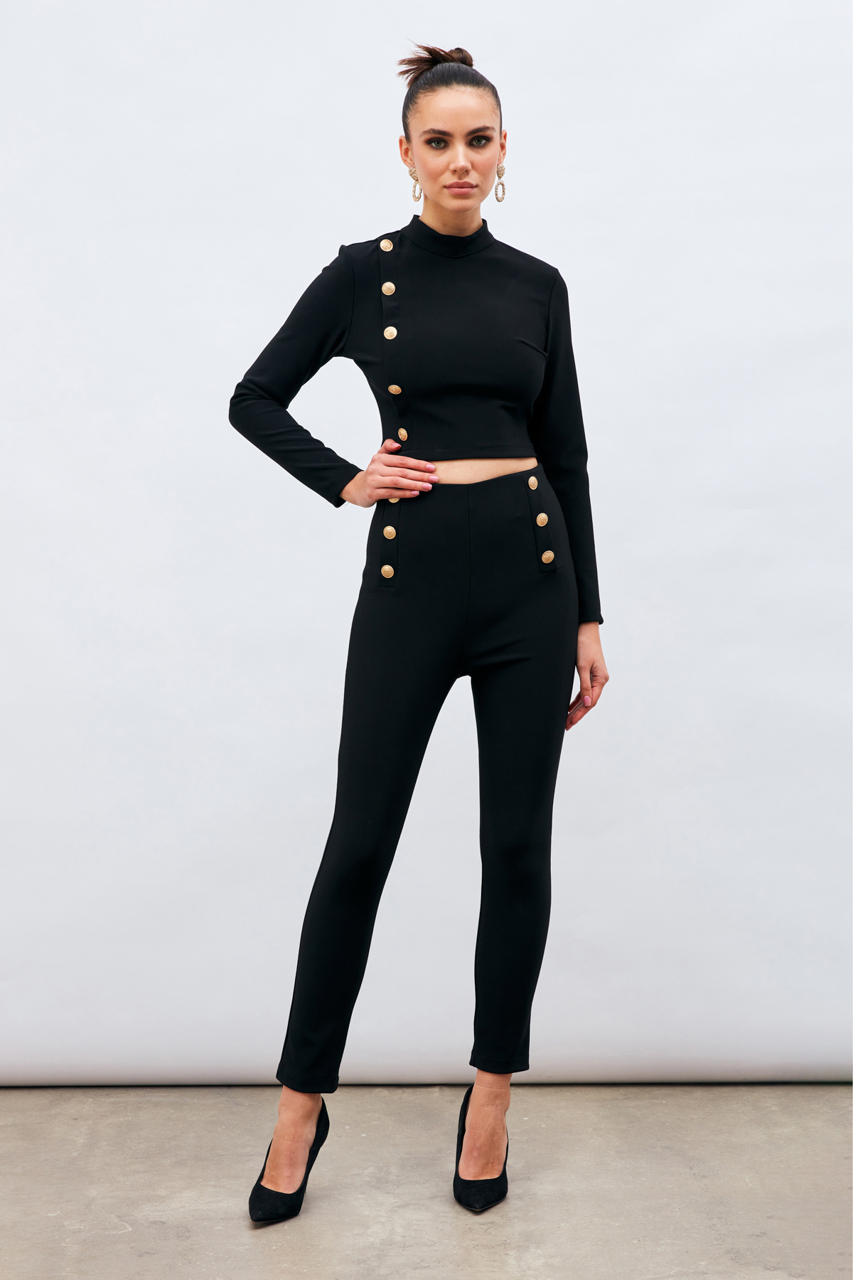 Düğme Detaylı Pantolon - SİYAH