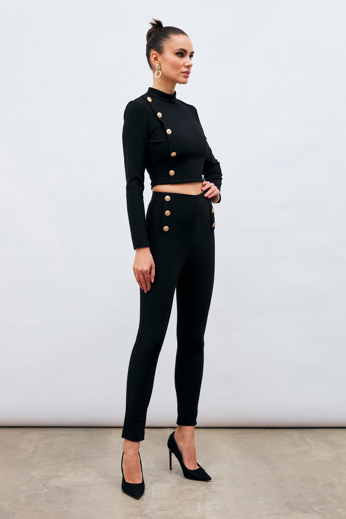 Düğme Detaylı Pantolon - SİYAH