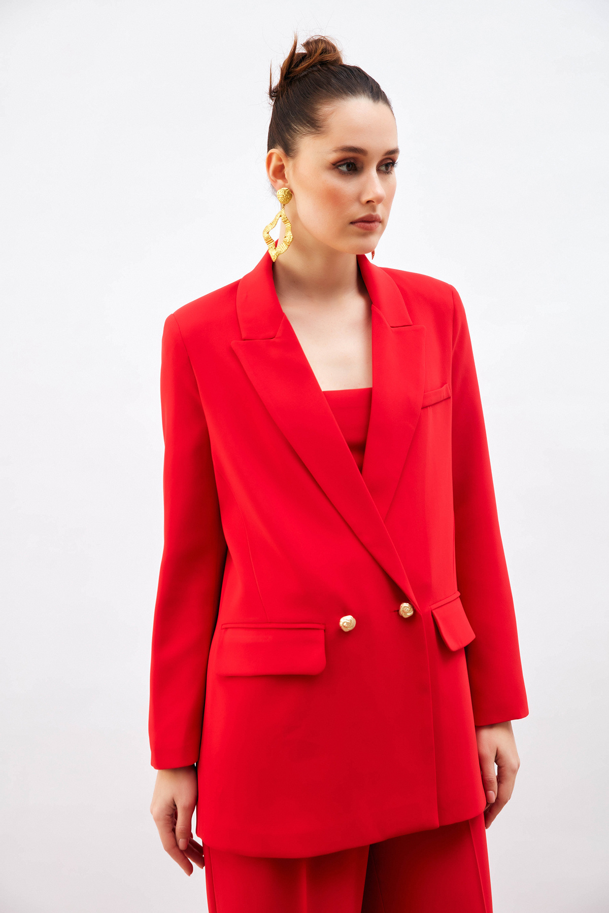 Düğme Detaylı Salaş Ceket - KIRMIZI