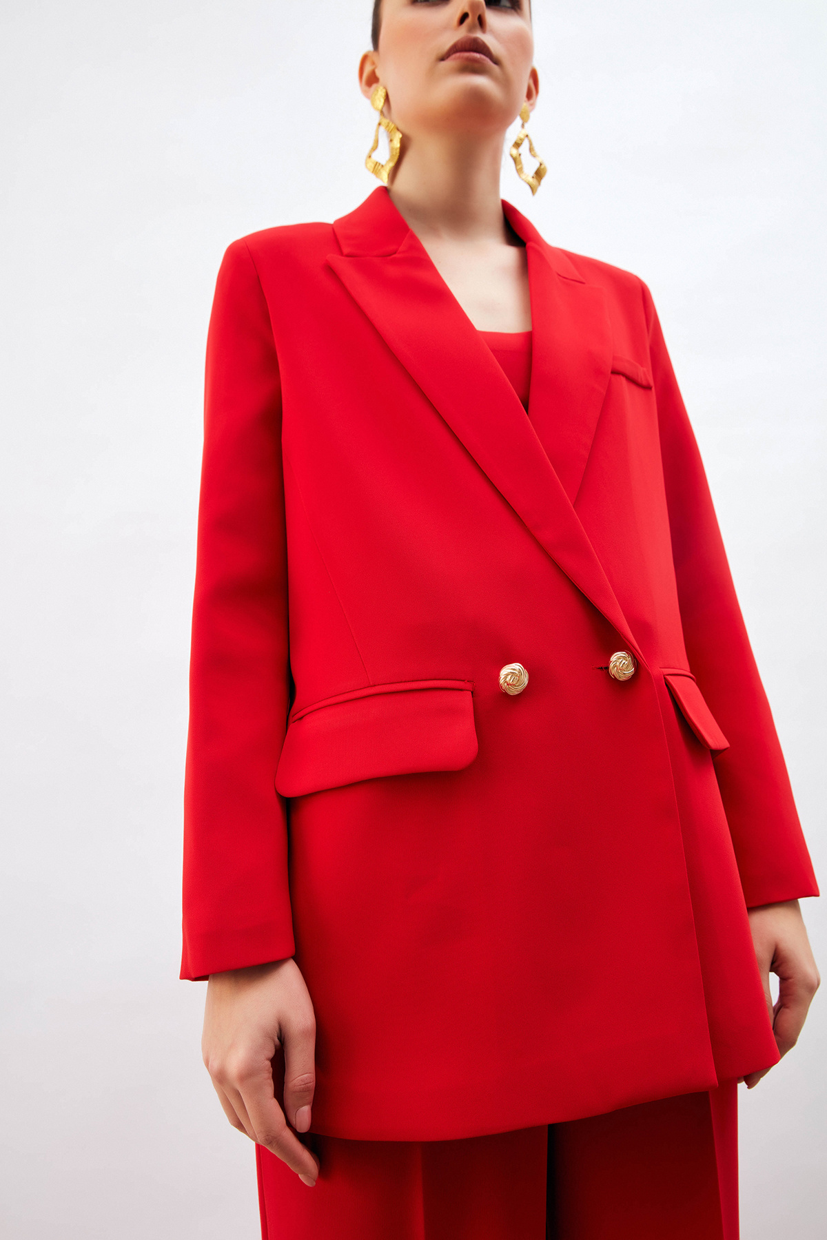 Düğme Detaylı Salaş Ceket - KIRMIZI