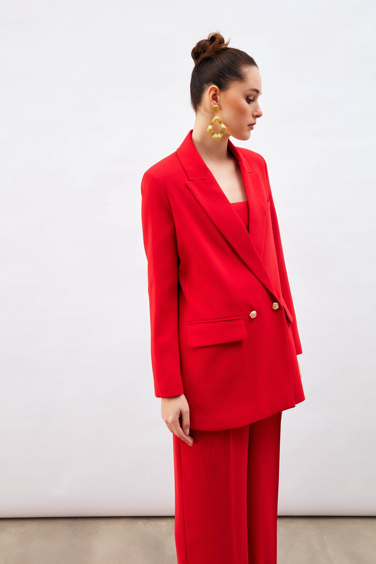 Düğme Detaylı Salaş Ceket - KIRMIZI