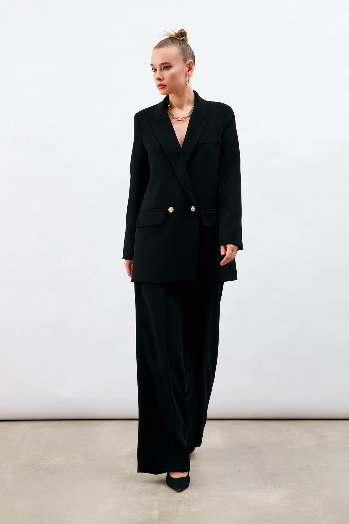 Düğme Detaylı Salaş Ceket - SİYAH