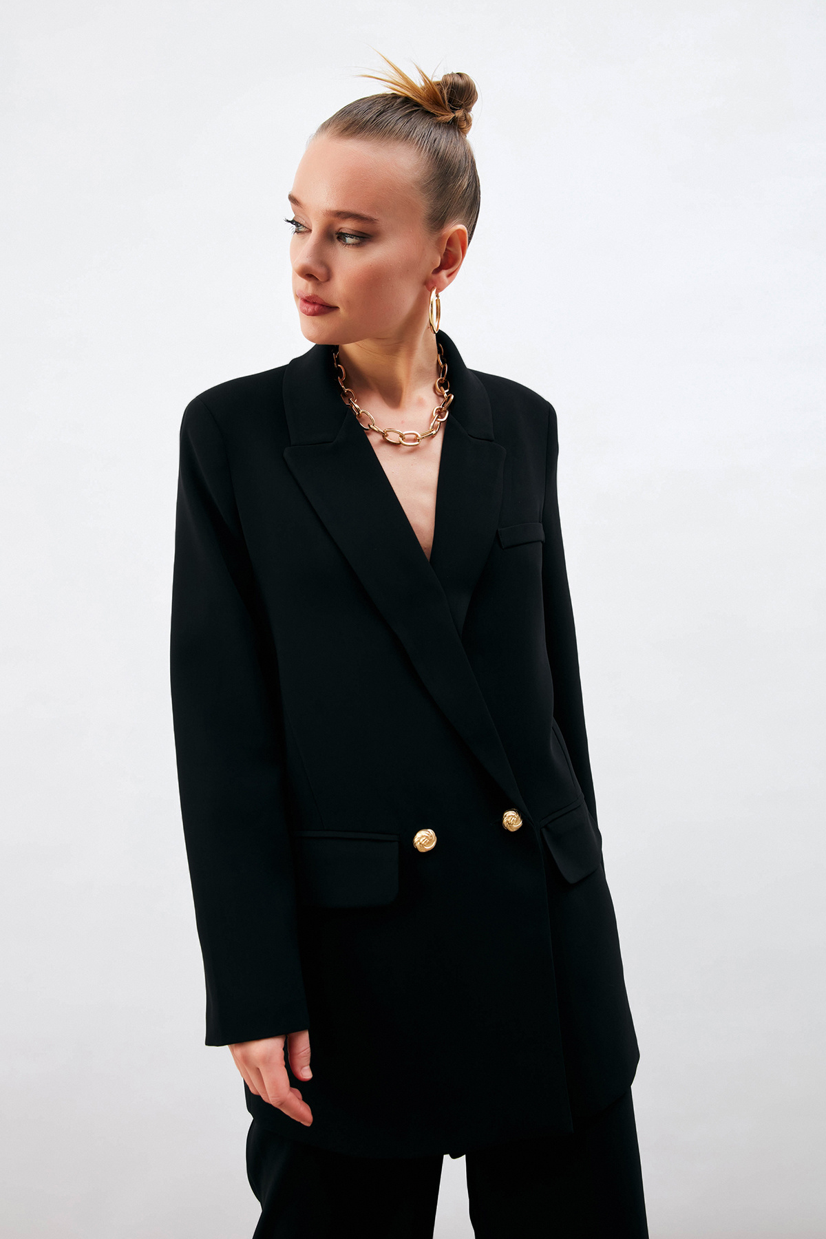 Düğme Detaylı Salaş Ceket - SİYAH